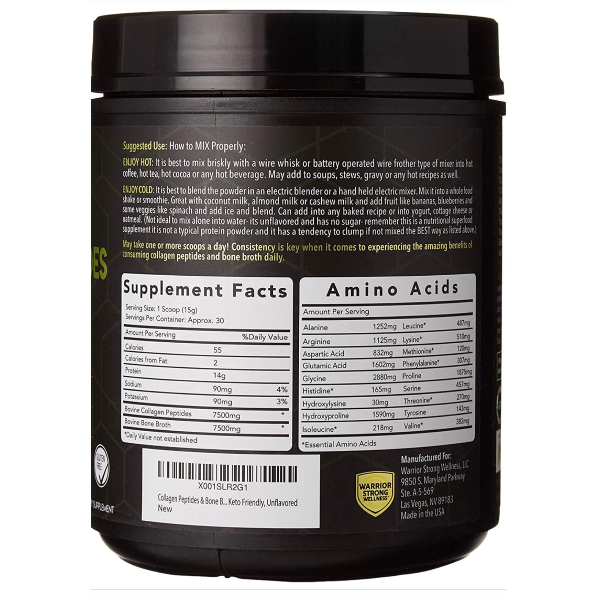 Warrior Strong Wellness Collagene hydrolysee dans verre, facilité d'intégration quotidienne.