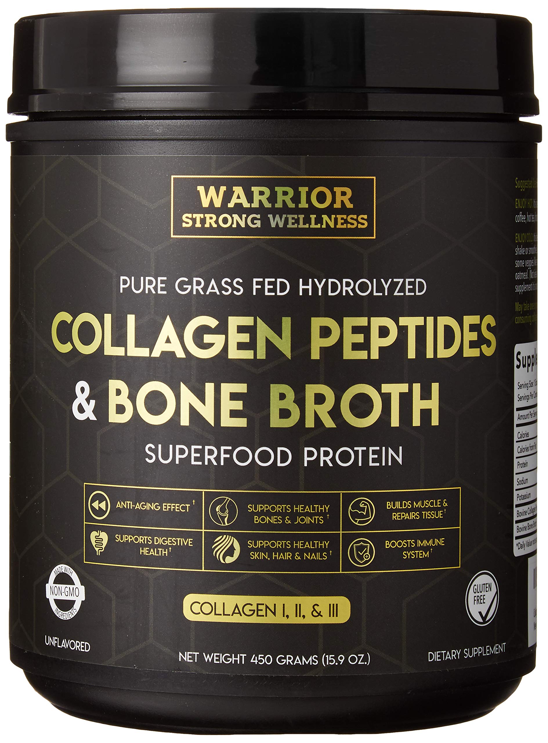 Warrior Strong Wellness Poudre collagène bouillon os dans bol, soutien potentiel peau et articulations.