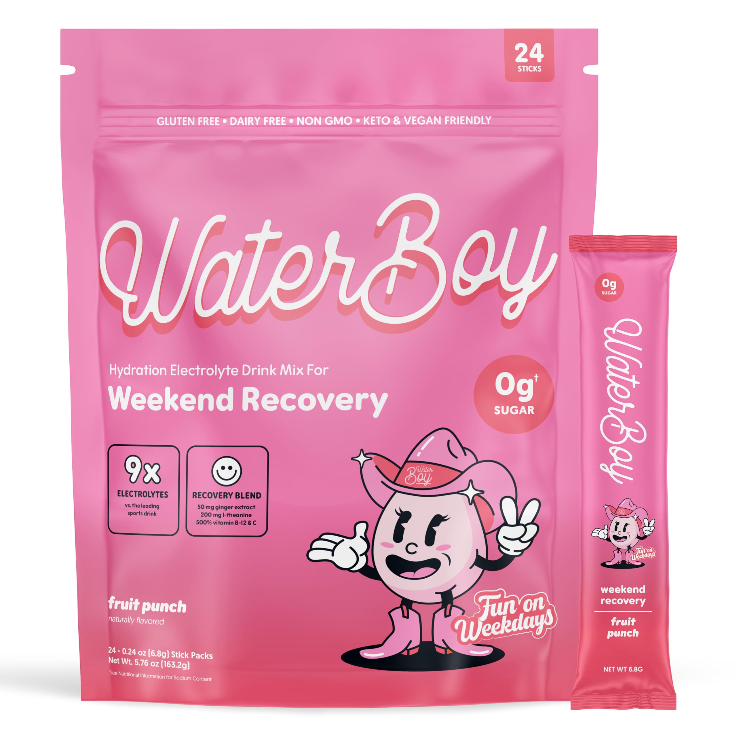 Waterboy Weekend Recovery FOW paquets saveur fruitée pour hydratation rapide après l'effort.