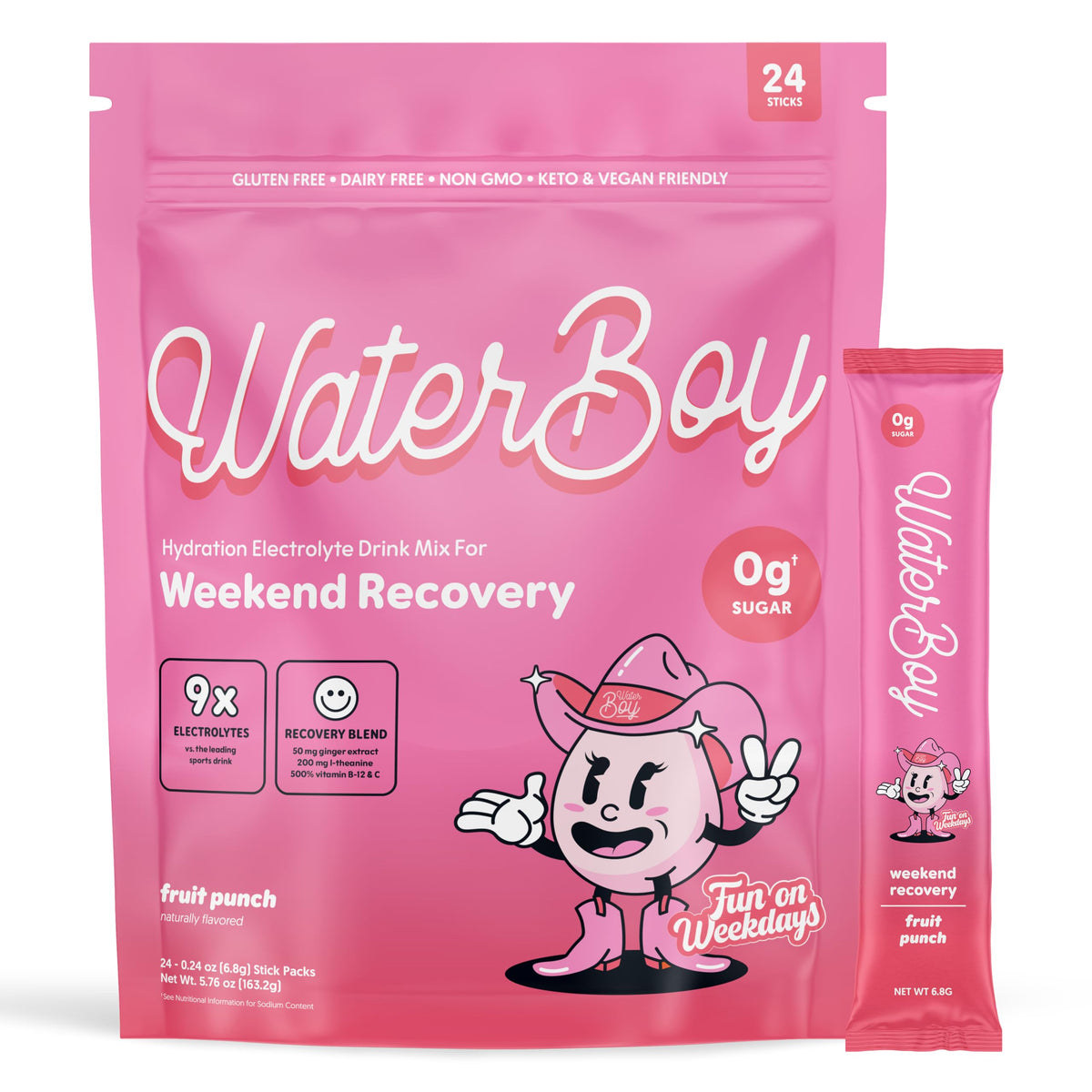 Waterboy Weekend Recovery FOW paquets saveur fruitée pour hydratation rapide après l'effort.