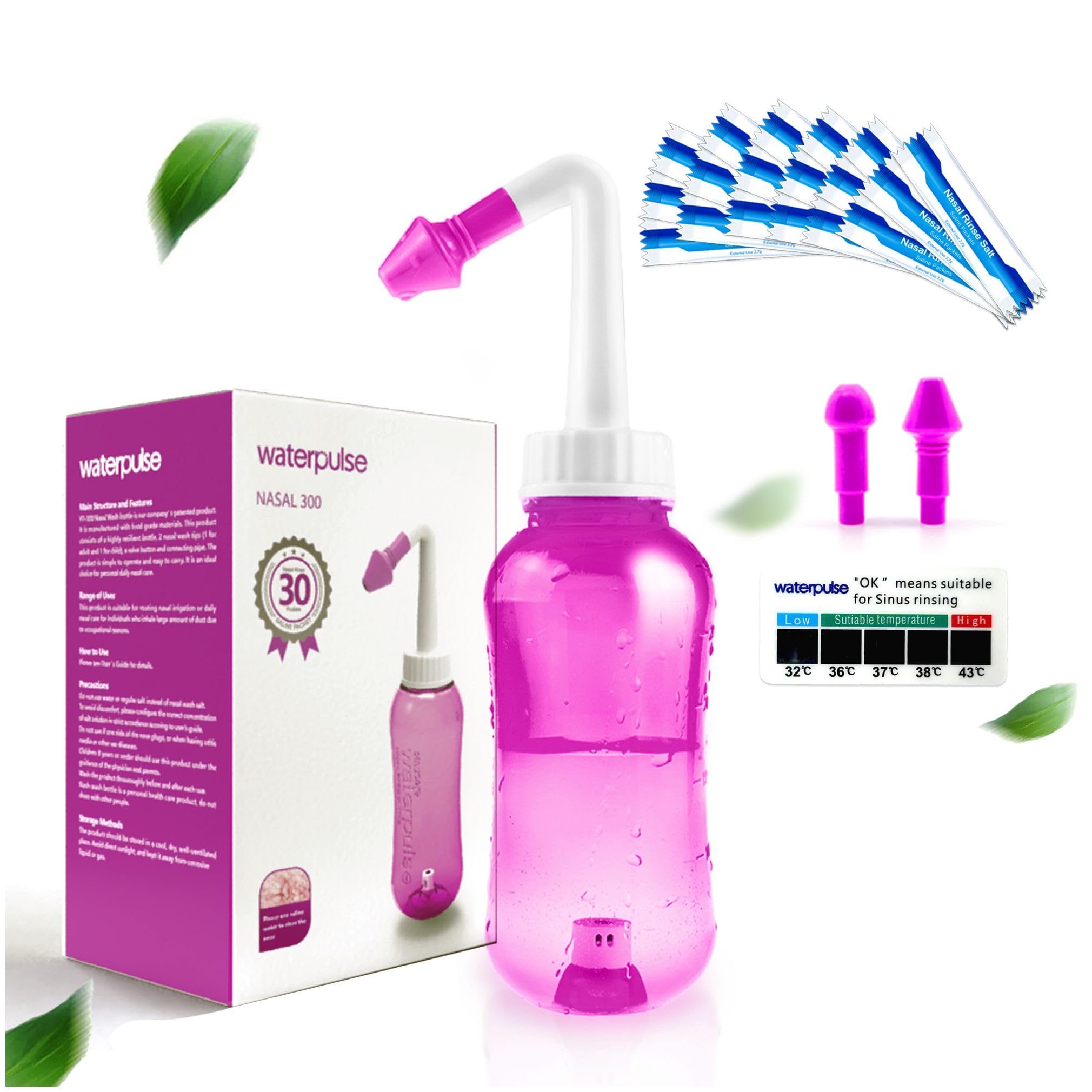 Waterpulse Neti Pot, bouteille de lavage sinus rose, rinçage nasal pratique et sûr.
