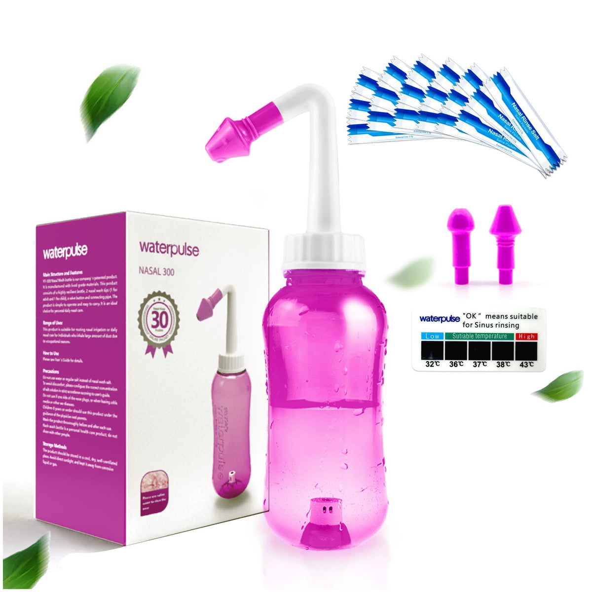 Waterpulse Neti Pot, bouteille de lavage sinus rose, rinçage nasal pratique et sûr.