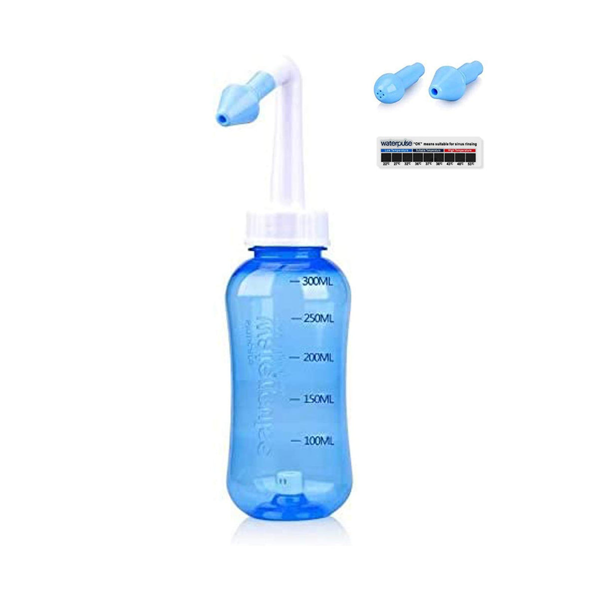 Waterpulse Neti Pot avec bouteille transparente pour rinçage nasal sûr et pratique.