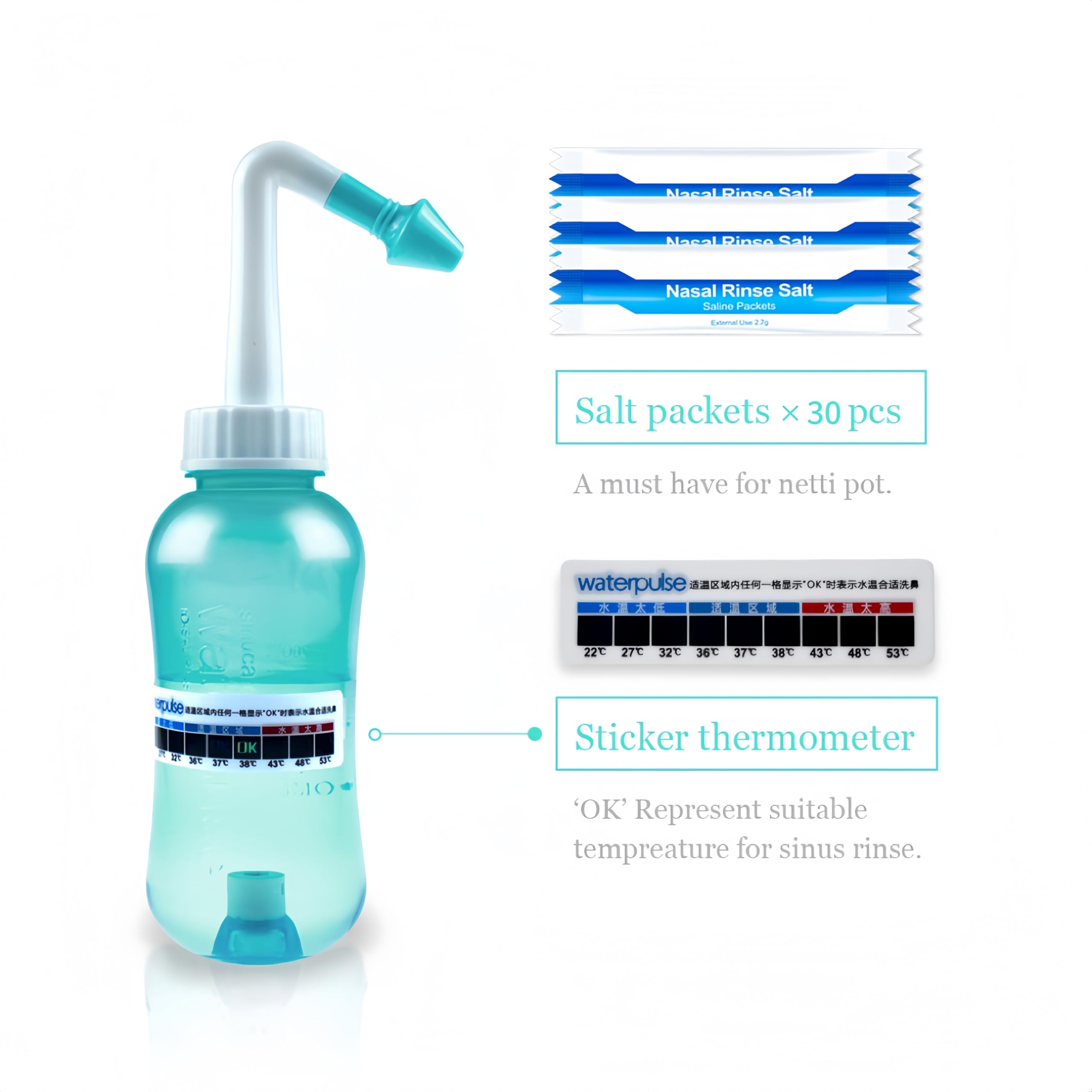 Waterpulse Neti Pot – récipient transparent, visualisez le niveau d'eau.