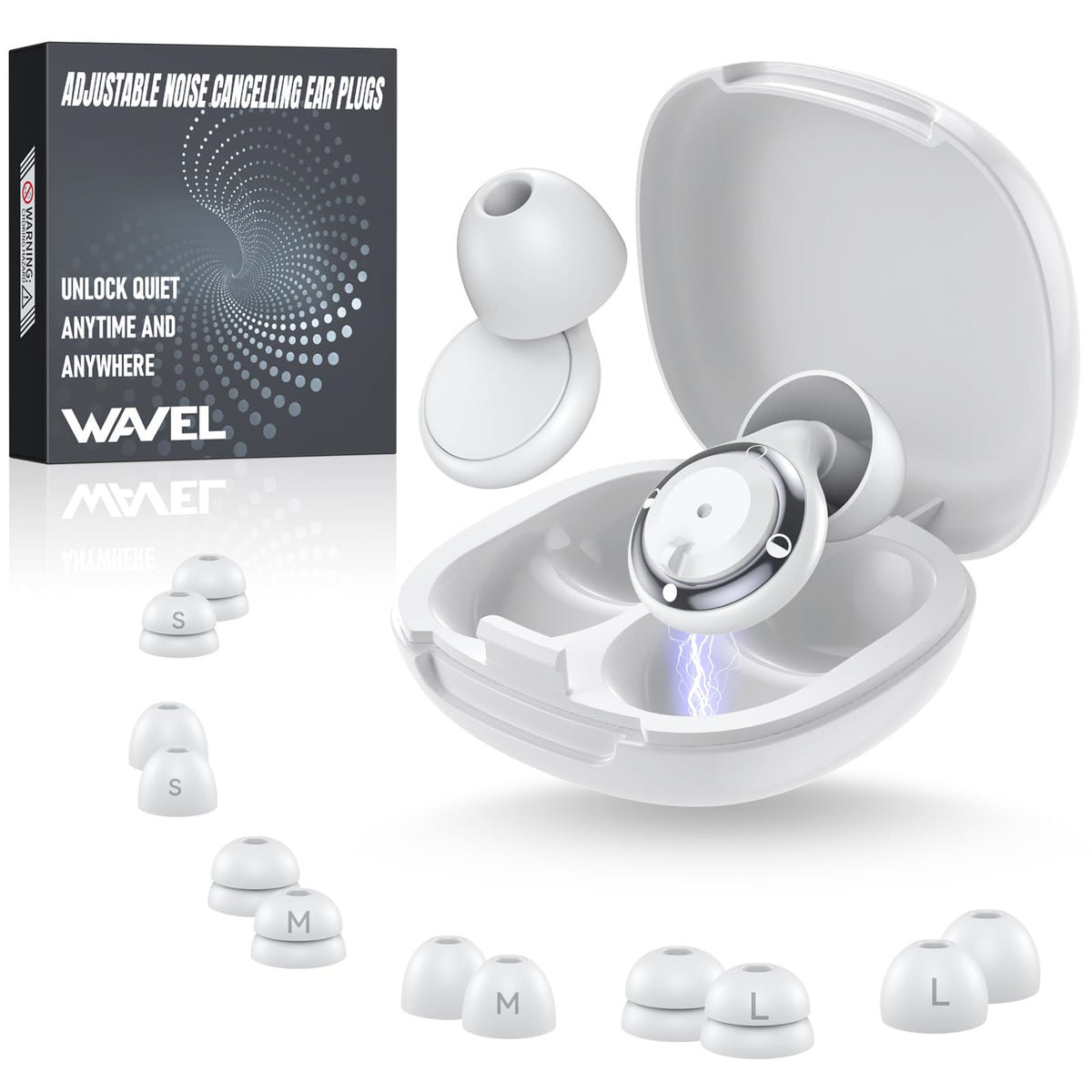 Bouchons d'oreille WAVEL ajustables pour sommeil, réduction configurable du bruit.