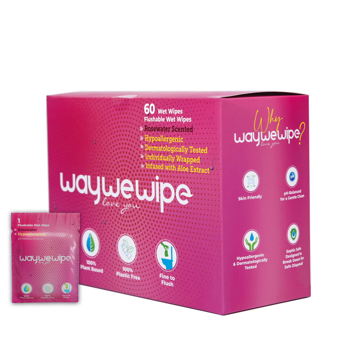 WayWeWipe emballage eau-de-rose: parfum doux et commodité en déplacement.