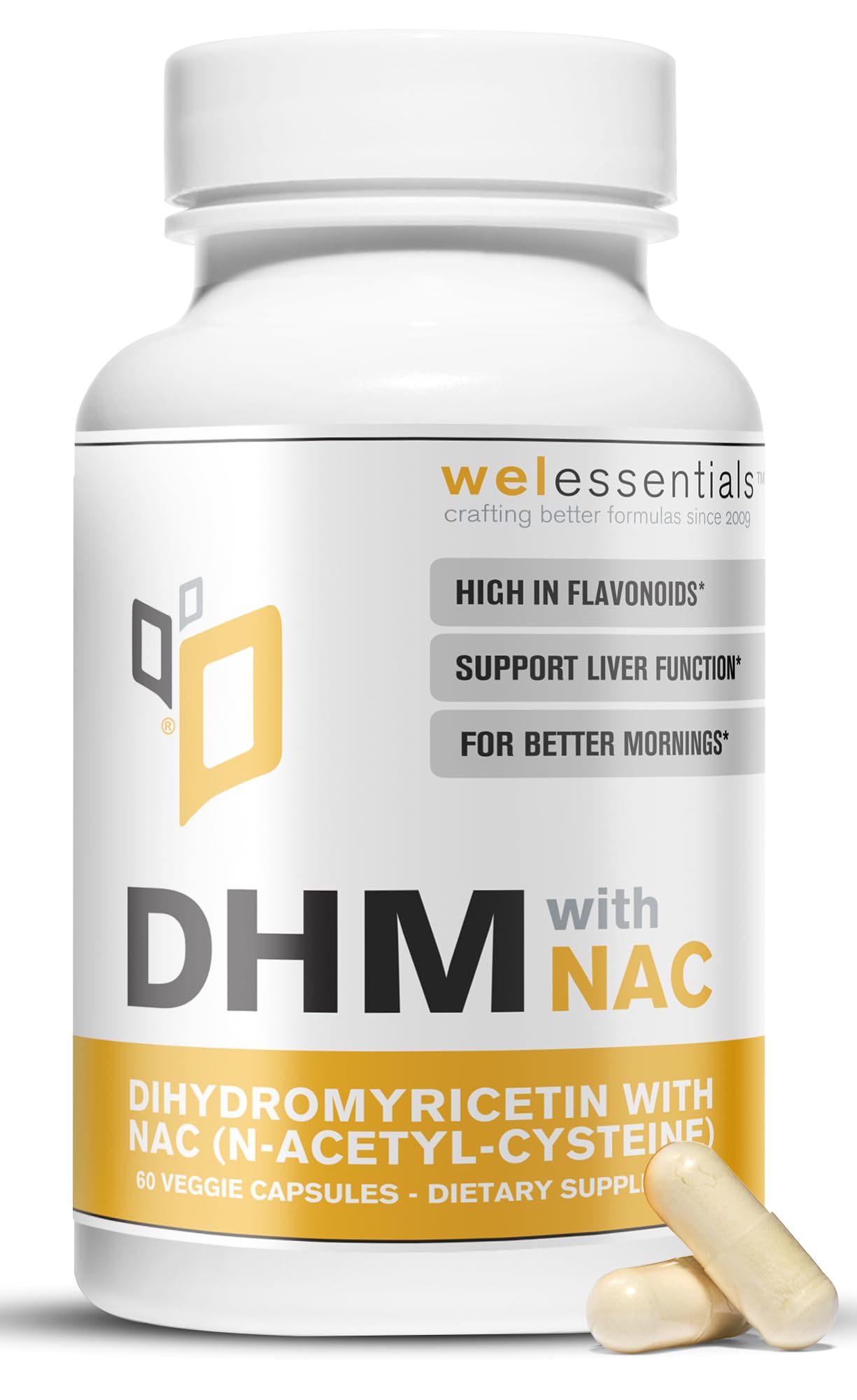 Bouteille WELESSENTIALS DHM NAC montrant le flacon et les retours potentiels pour le foie et l'hydratation