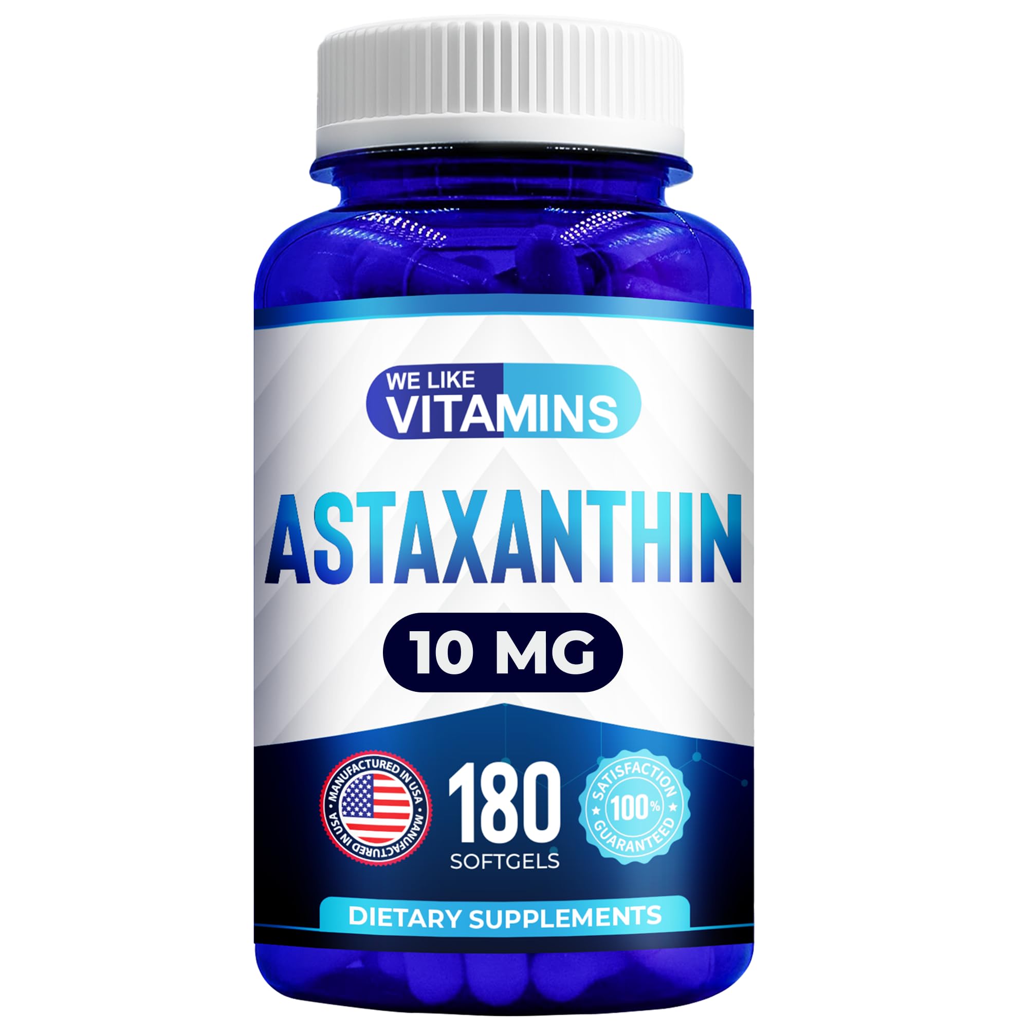 We Like Vitamins Astaxanthine – bouteille ouverte prête à l’usage quotidien.