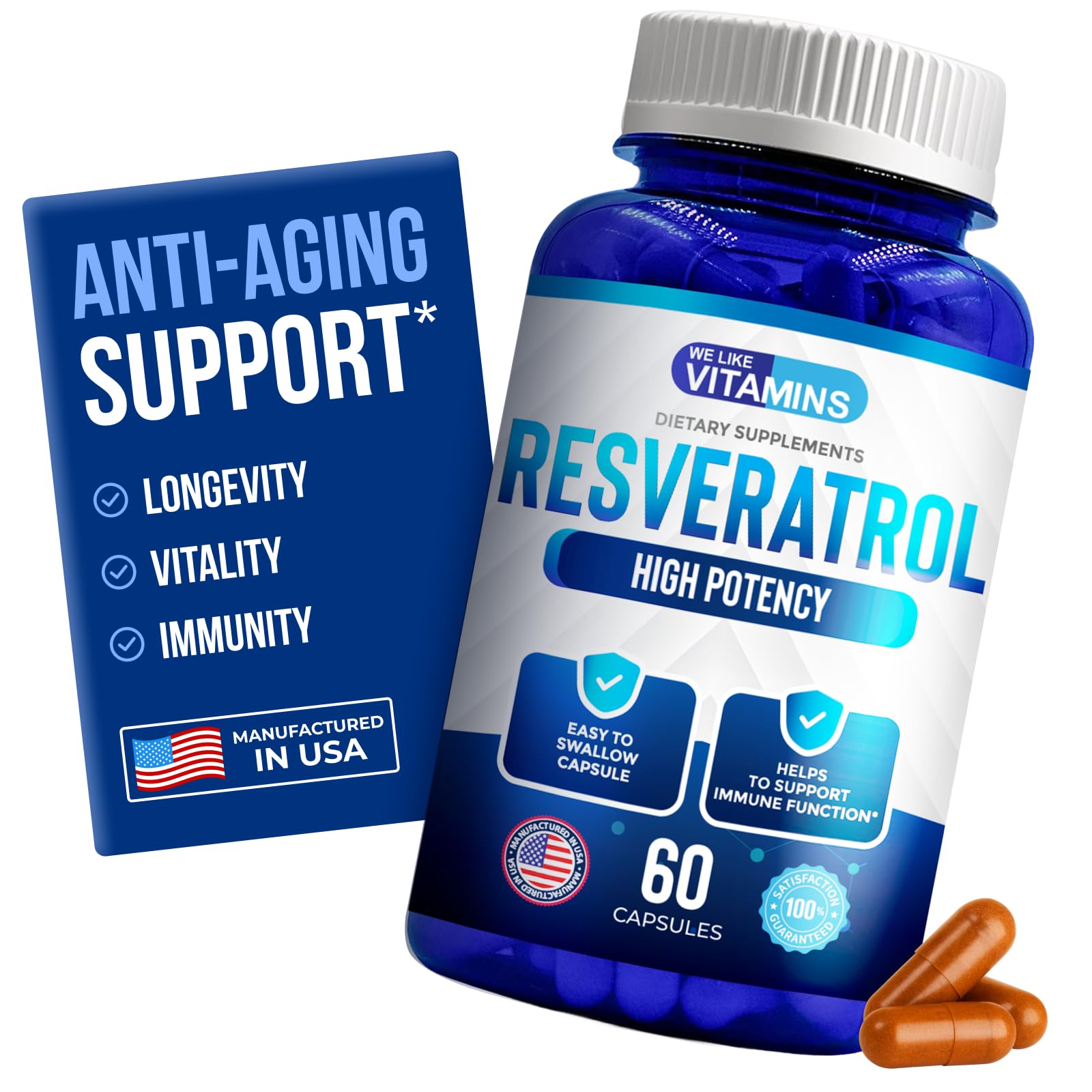 We Like Vitamins Resveratrol, bouteille 1000 mg, soutien potentiel à la vitalité.