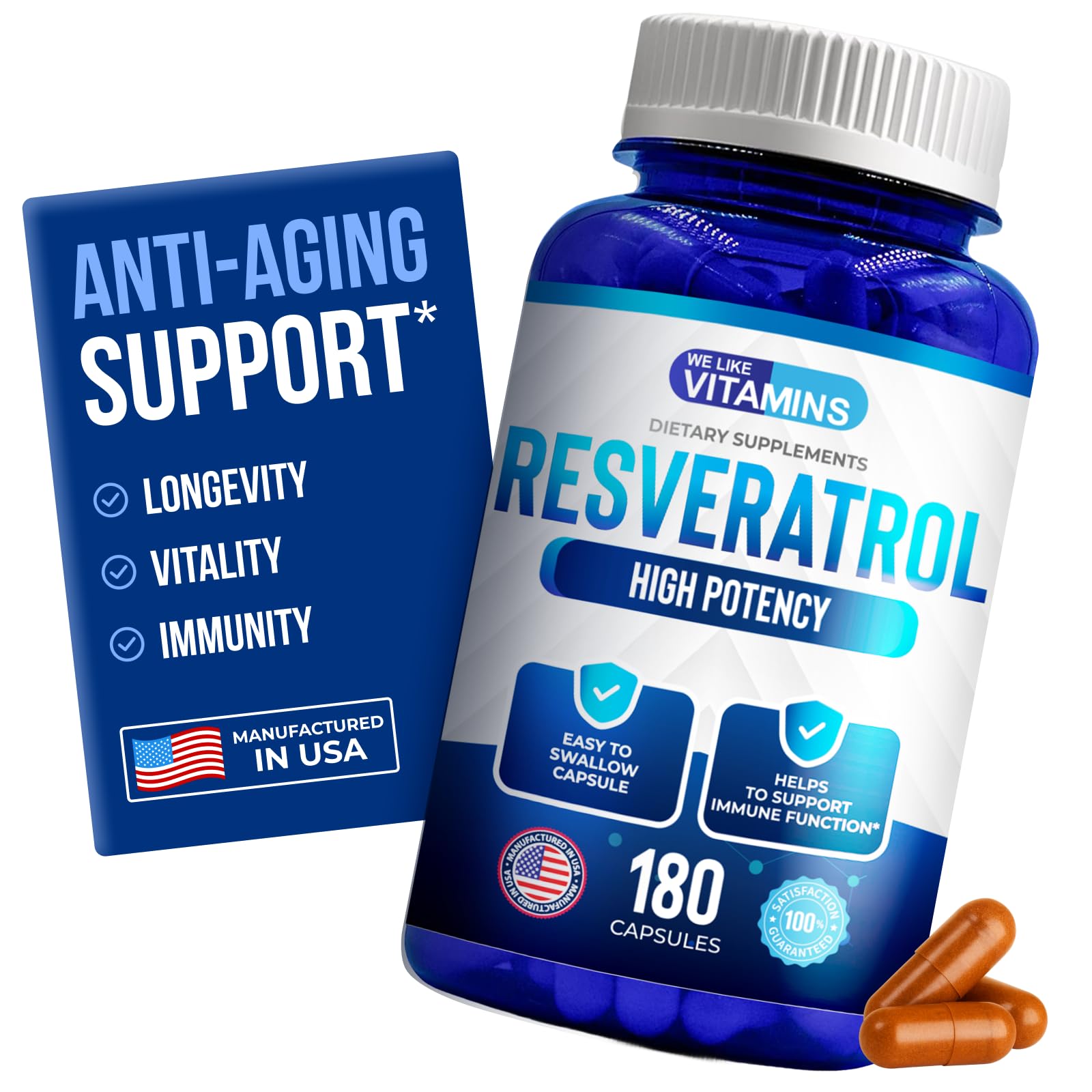 We Like Vitamins Resveratrol, bouteille montrant la dose de 1000 mg par portion, soutien antioxydant