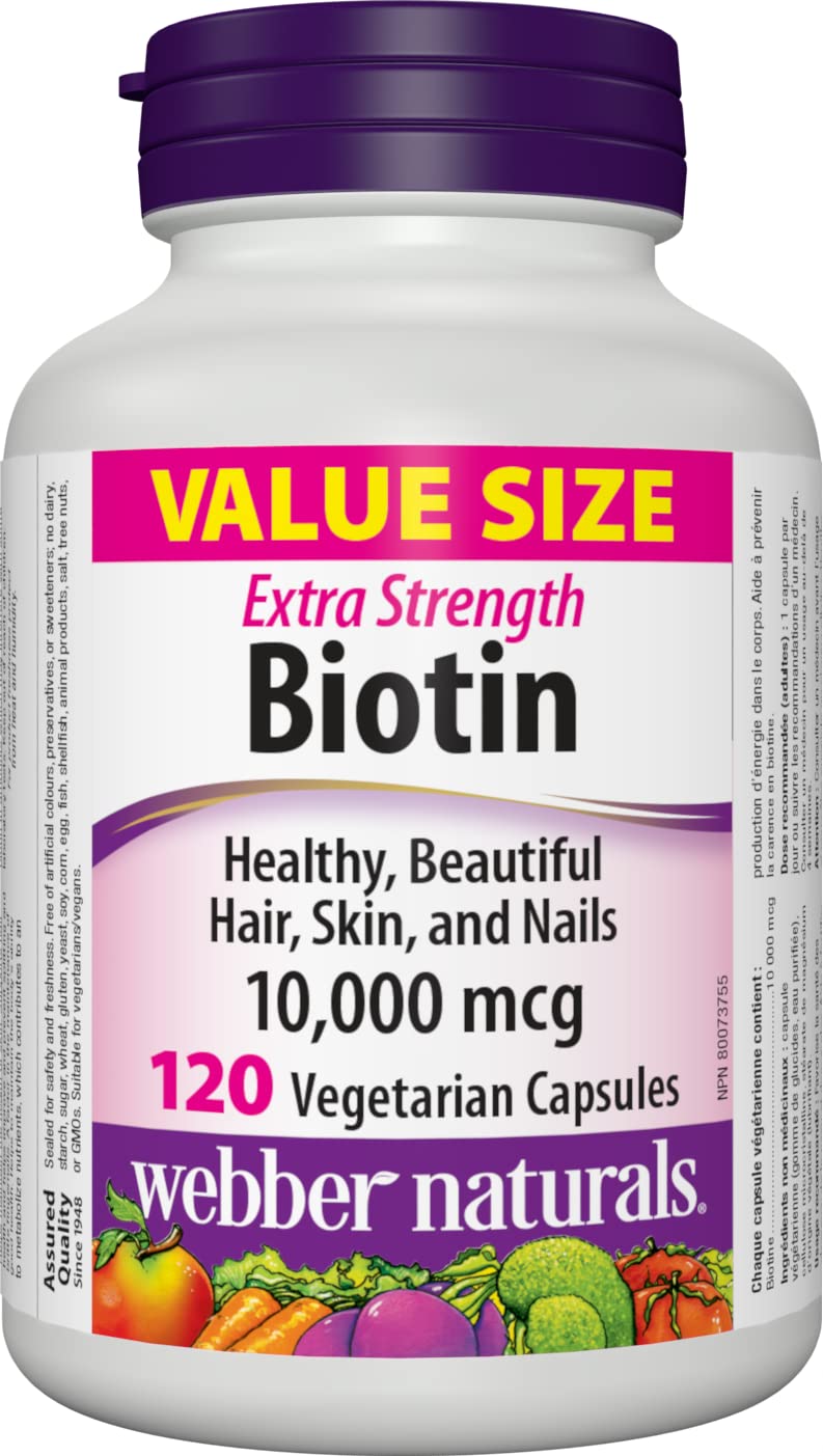 Webber Naturals Biotine Extra Fort 10000 mcg, bouteille, soutient cheveux et ongles forts.