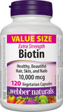 Webber Naturals Biotine Extra Fort 10000 mcg, bouteille, soutient cheveux et ongles forts.