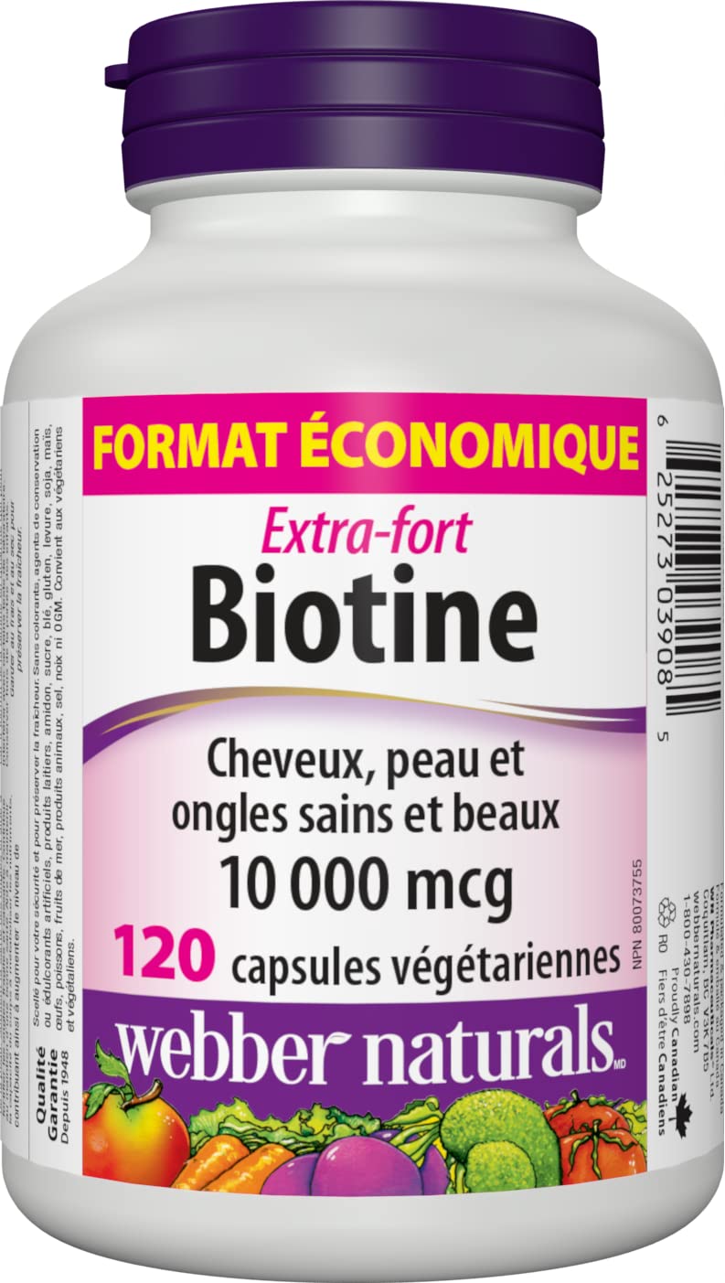 Biotine Webber Naturals Extra Fort 10000 mcg, capsules, soutien métabolisme et énergie.
