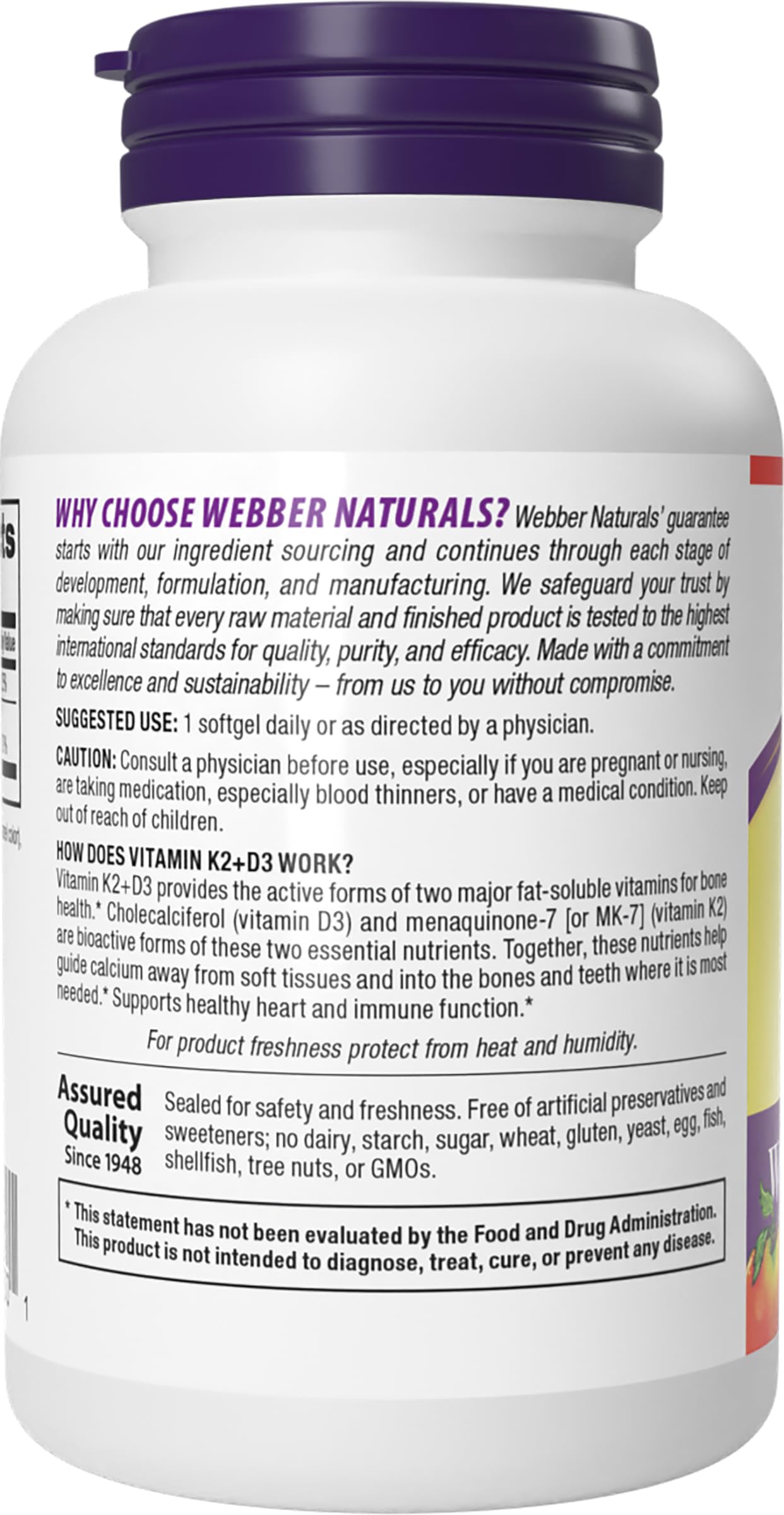 Webber Naturals K2 MK7 - Contrôles qualité en laboratoire visibles sur l’étiquette.