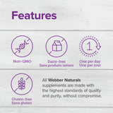 Webber Naturals K2 MK7 - Emballage sans lactose ni gluten et sans colorants artificiels.