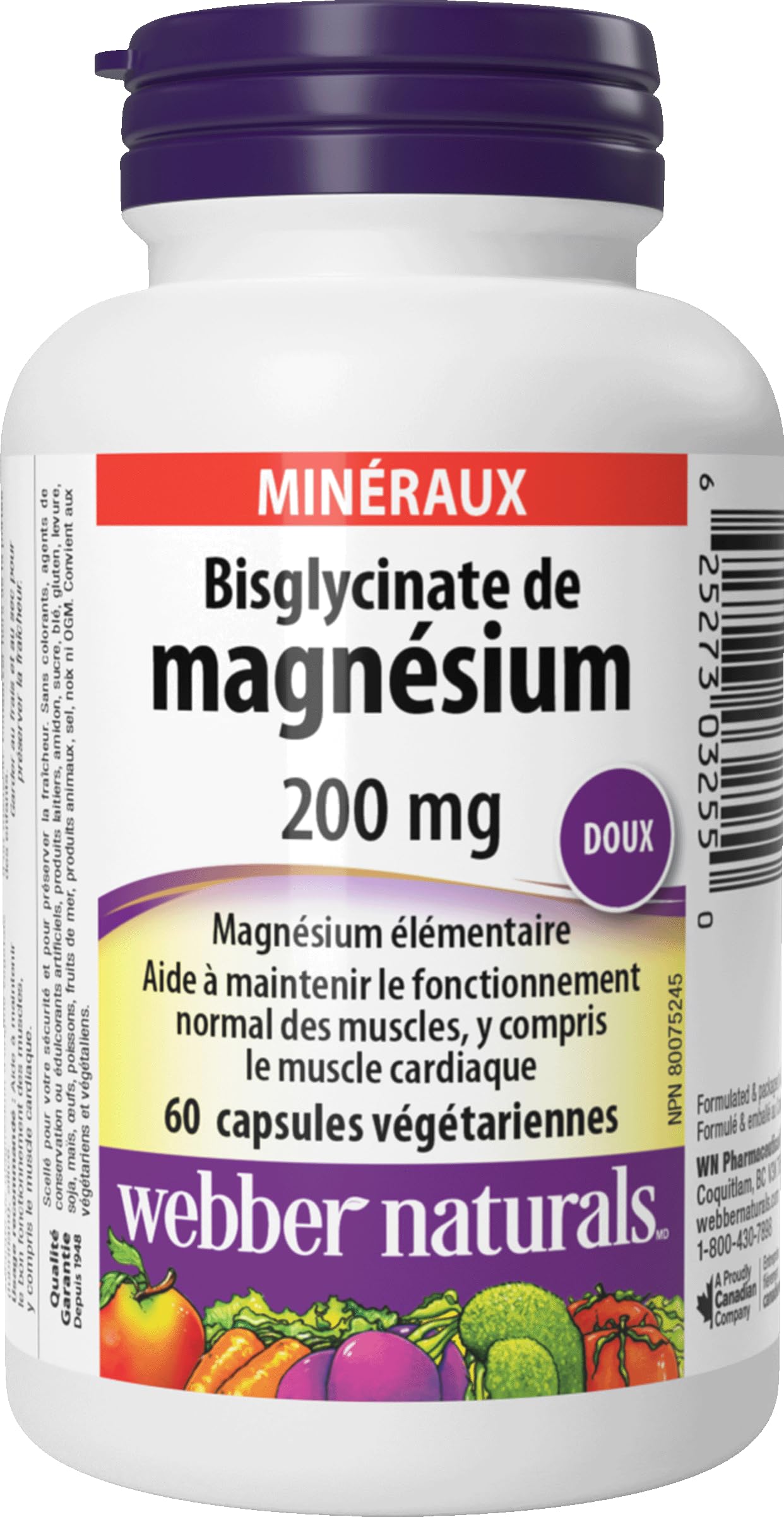 Webber Naturals Magnésium Bisglycinate 200 mg, capsules à absorption facilitée.