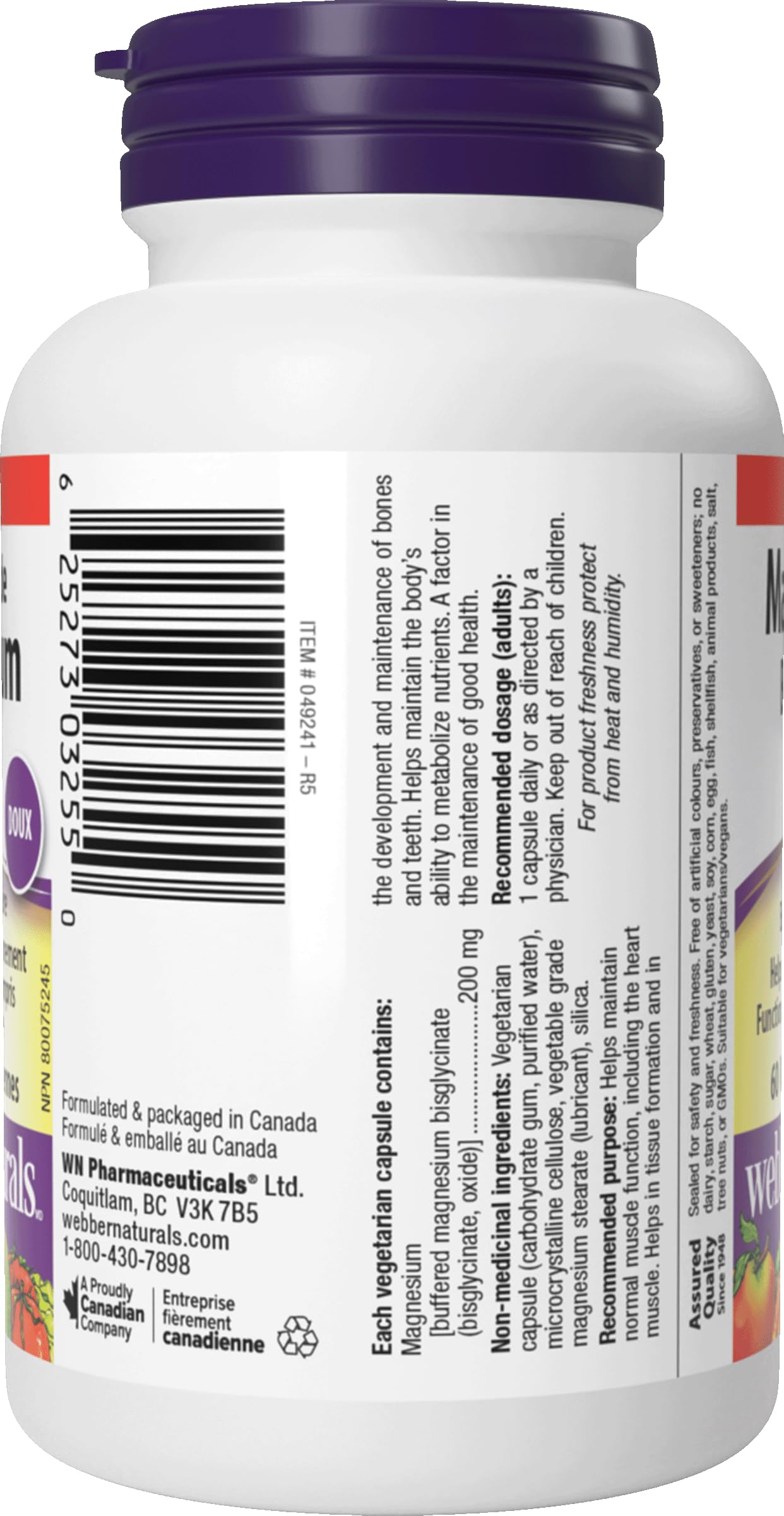 Webber Naturals Magnésium Bisglycinate 200 mg capsules, soutien énergie et équilibre.