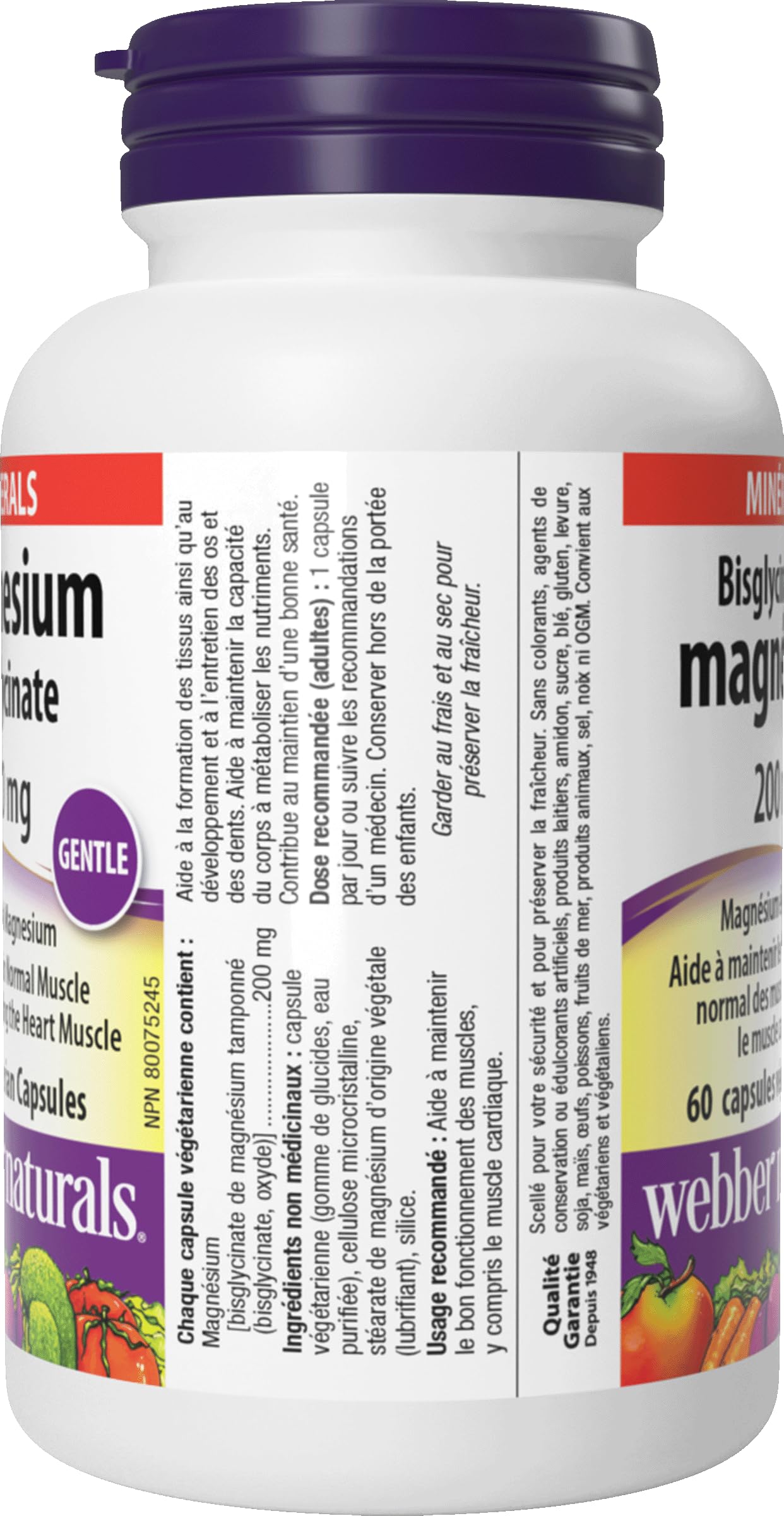 Webber Naturals Magnésium Bisglycinate 200 mg capsules, routine bien-être quotidienne.