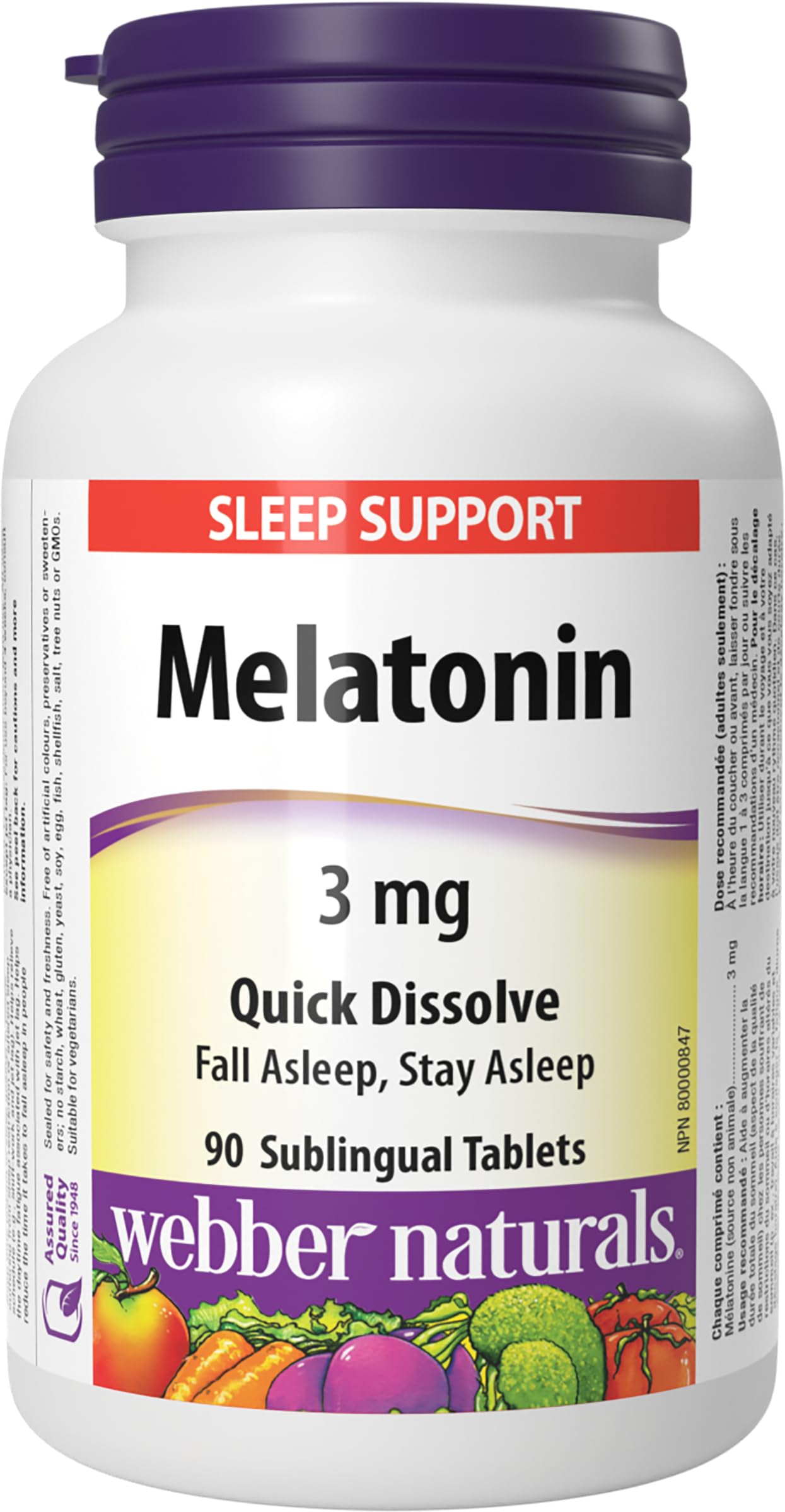 Webber Naturals Mélatonine, comprimés sublinguaux, dissolution rapide facilitant l’endormissement.