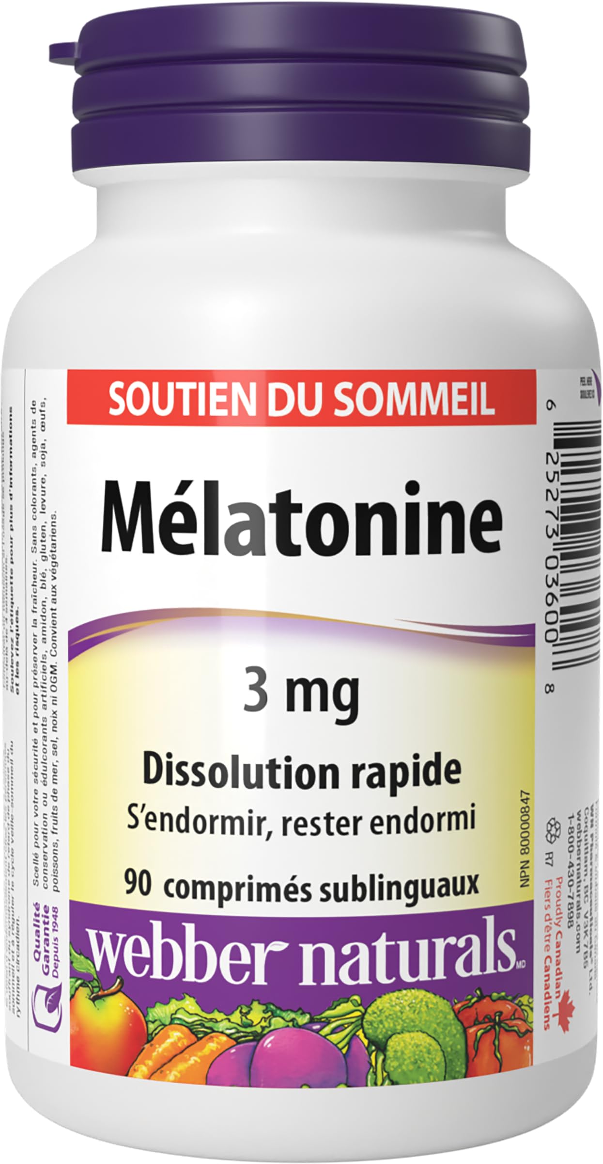 Comprimés Webber Naturals Mélatonine, dissolution rapide sous la langue, soutien au rythme veille-sommeil.
