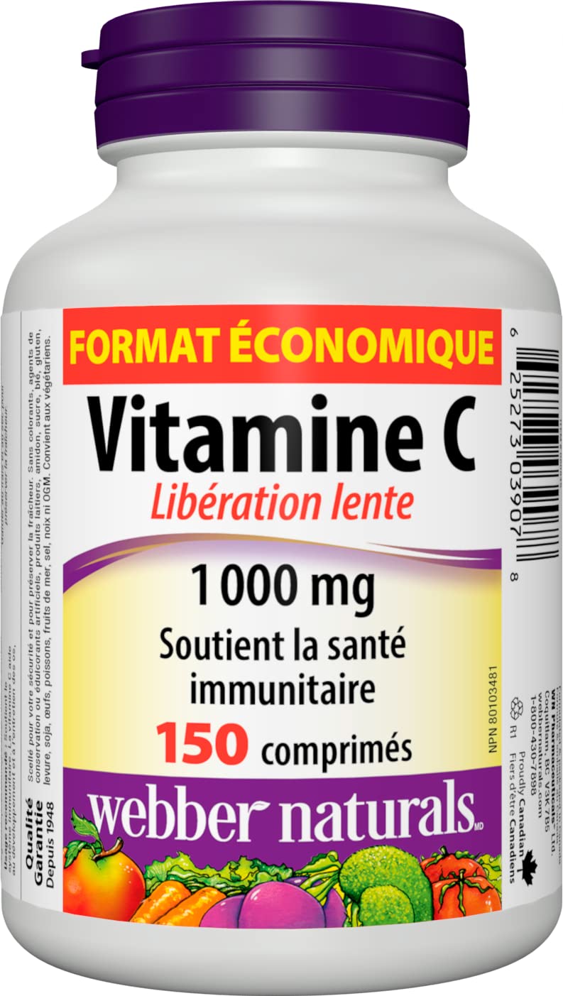 Webber Naturals Vitamin C Libération Temporelle, étiquette claire avec dosage et conseils d'utilisation.