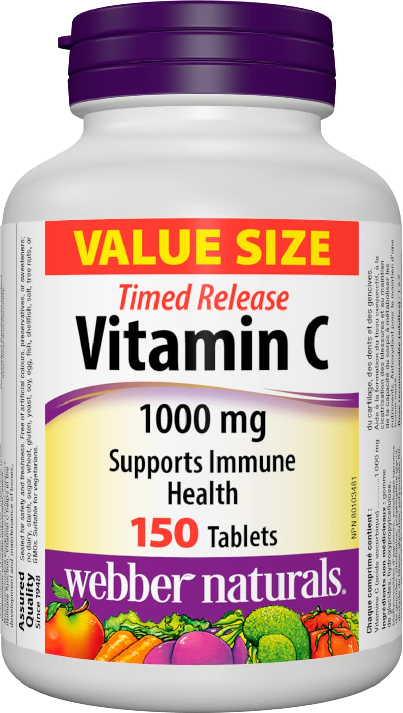 Webber Naturals Vitamin C Libération Temporelle, bouteille et comprimés pour un apport quotidien potentiel.
