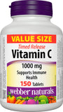 Webber Naturals Vitamin C Libération Temporelle, bouteille et comprimés pour un apport quotidien potentiel.