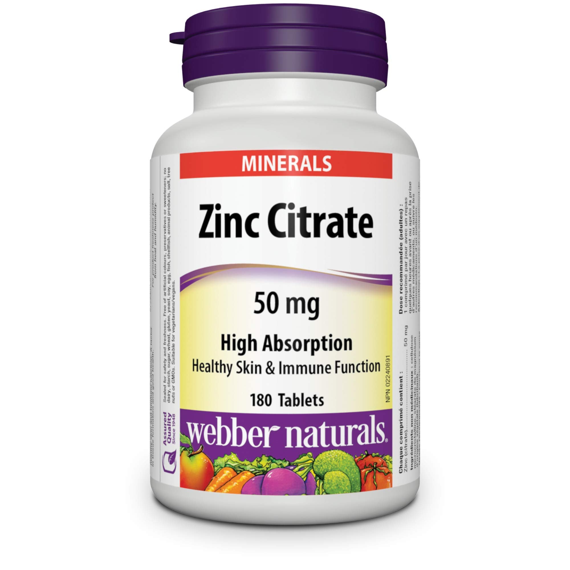 Webber Naturals Zinc Citrate 50 mg, tablettes: soutien potentiel du système immunitaire.
