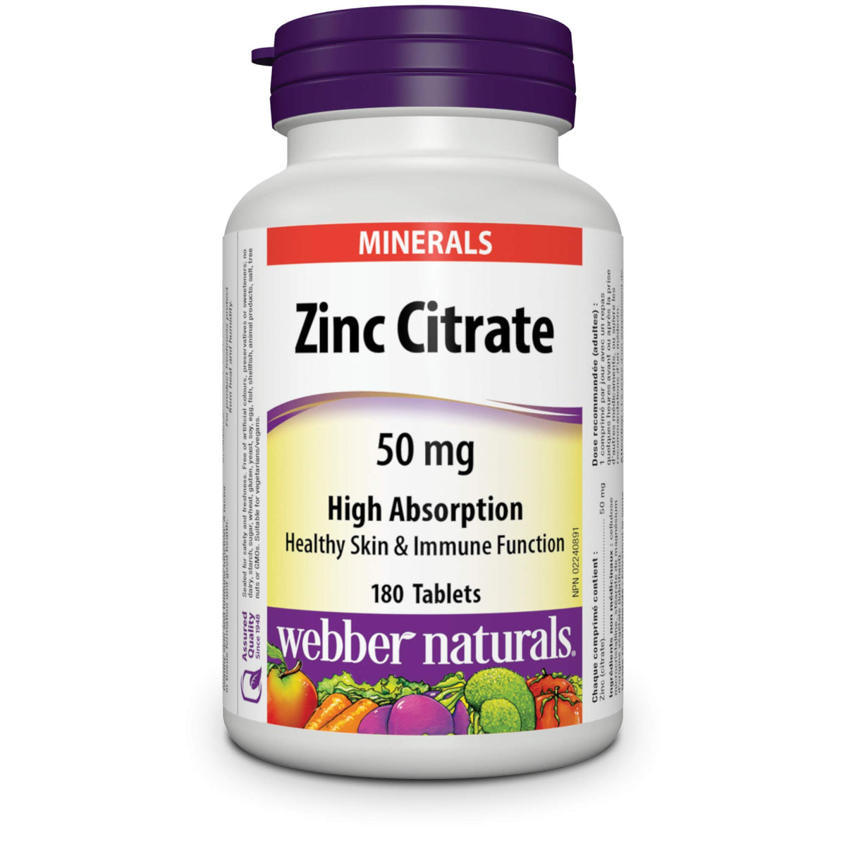 Webber Naturals Zinc Citrate 50 mg, tablettes: soutien potentiel du système immunitaire.