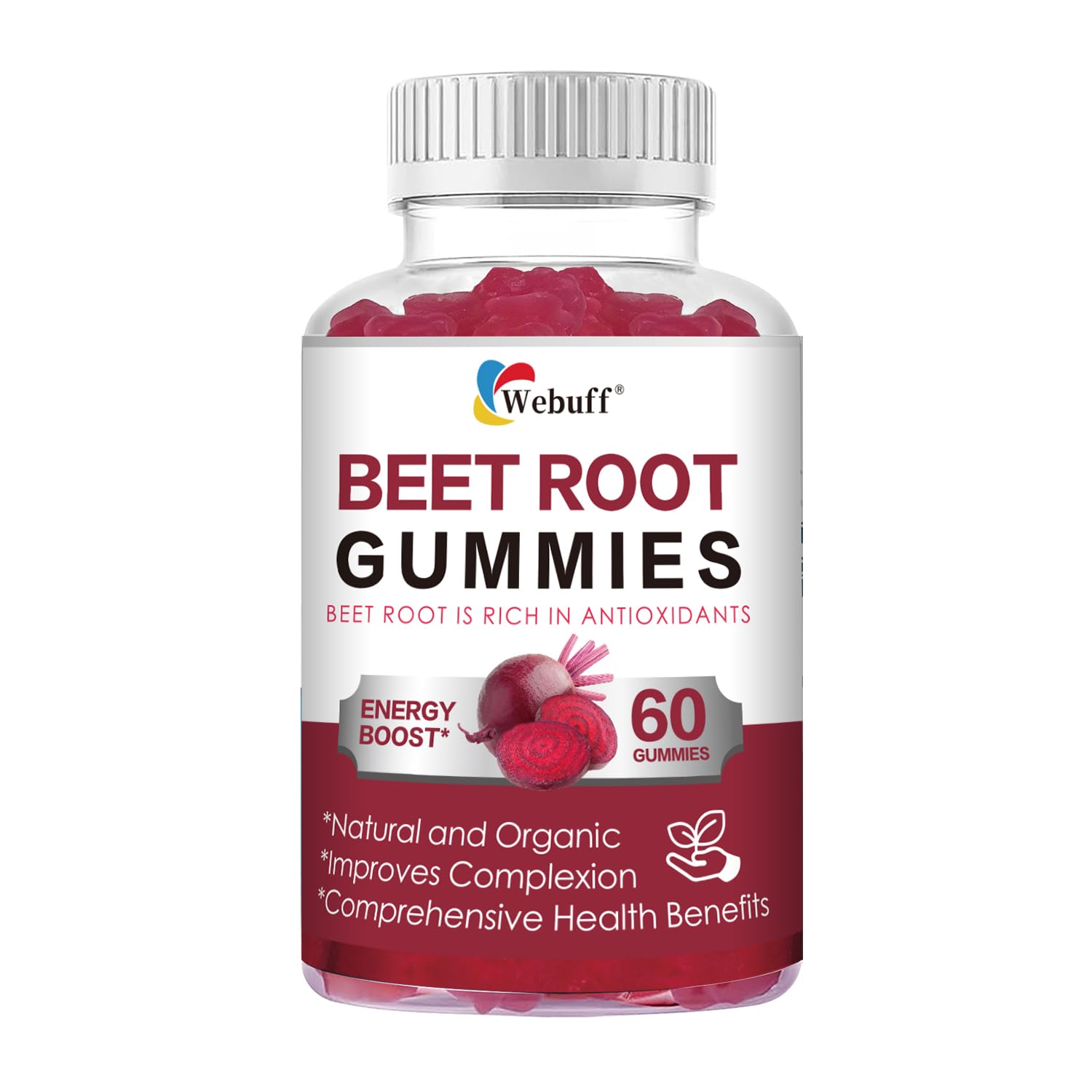Gommes Webuff betterave en bouteille, énergie naturelle et saveur fraise.