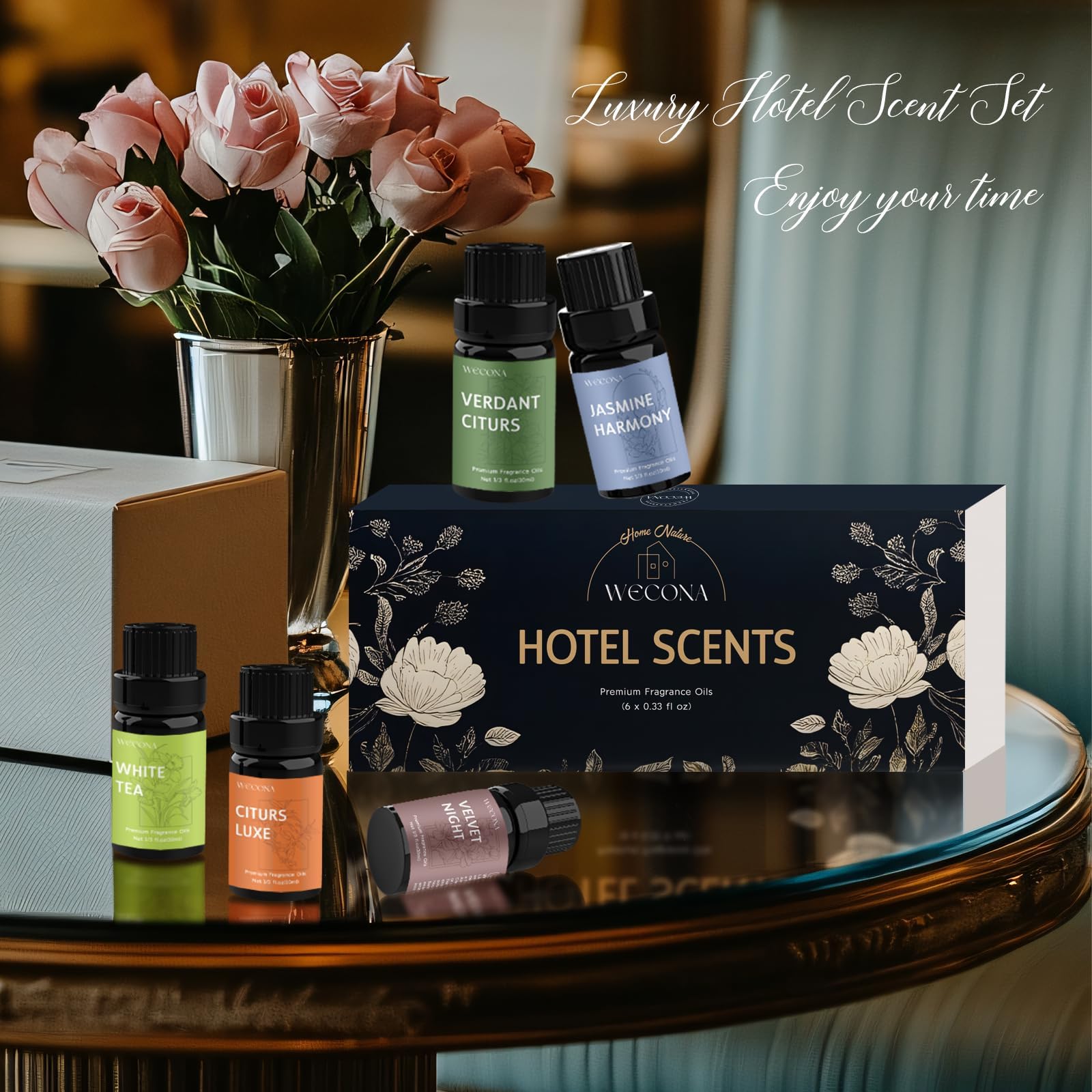 Bouteilles ambrées WECONA pour diffusion luxueuse et ambiance hôtel.