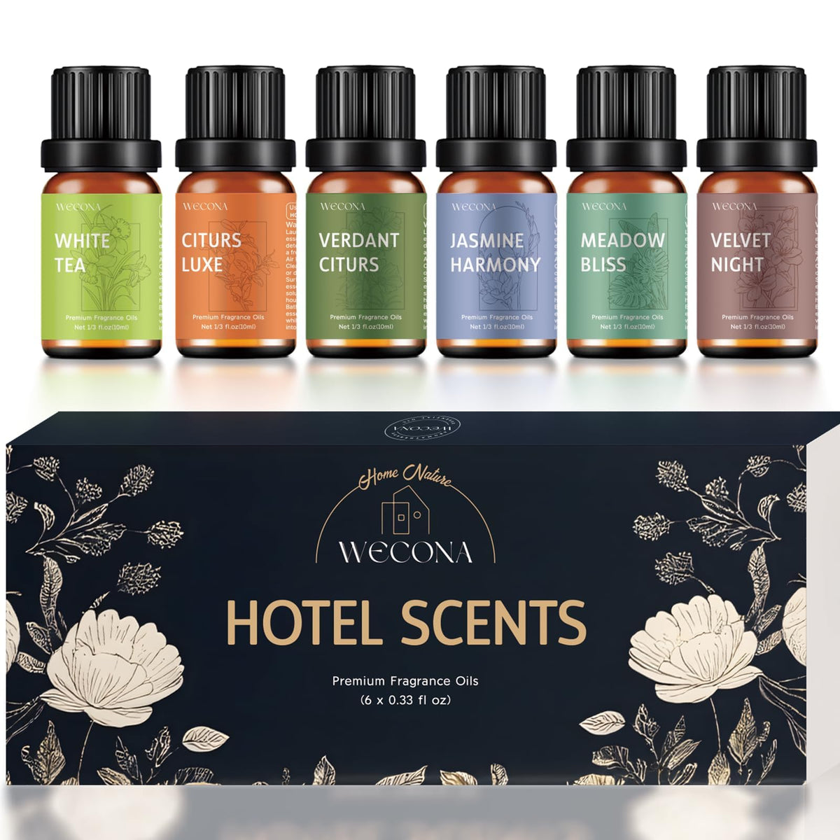 WECONA : ensemble d'huiles pour diffuseur en flacons ambrés.