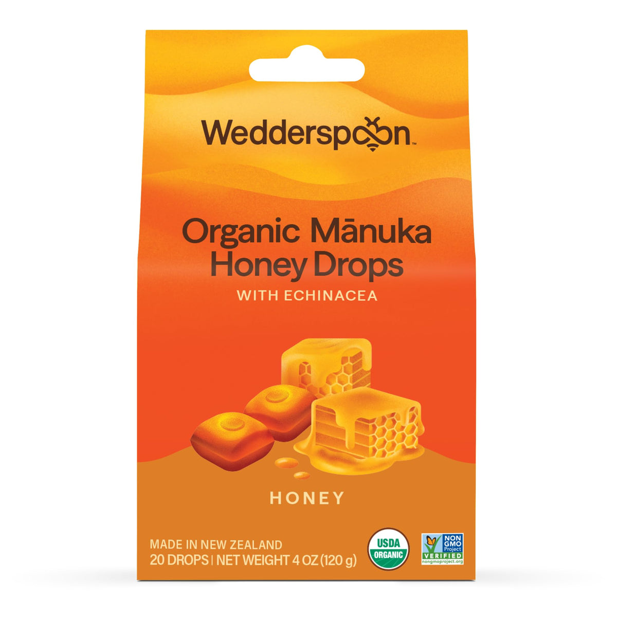 Pastilles au miel Manuka de Wedderspoon dans une boîte, idéal pour le réconfort.
