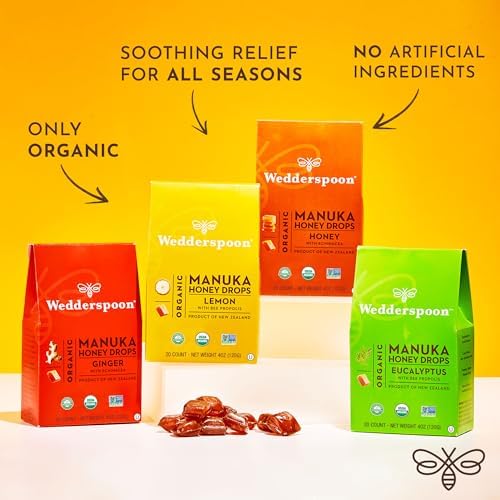 Boîte Wedderspoon avec gouttes de miel Manuka citron propolis pour un moment réconfortant.
