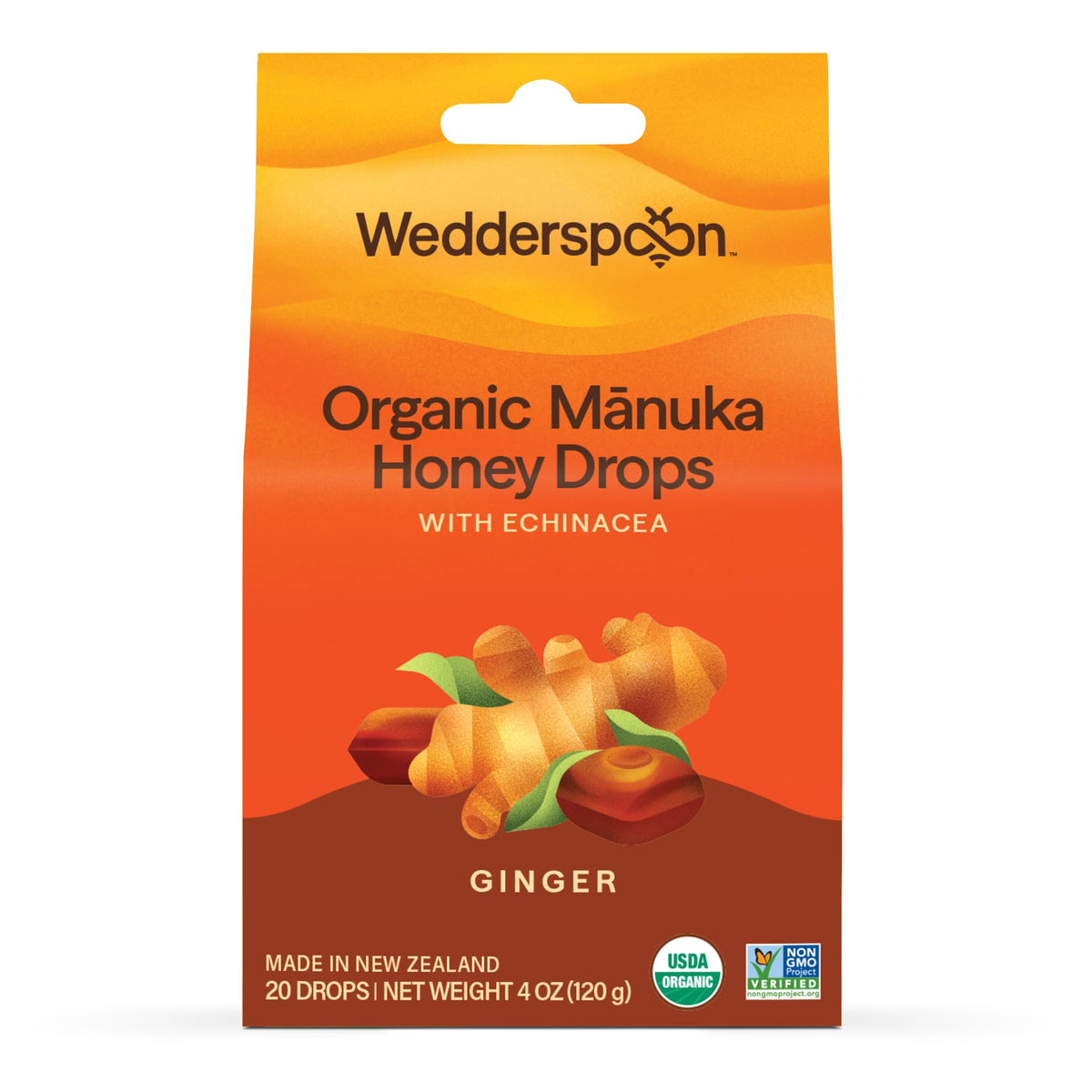 Wedderspoon Manuka bio avec gingembre et échinacée, goût riche et réconfort ponctuel pour la gorge.