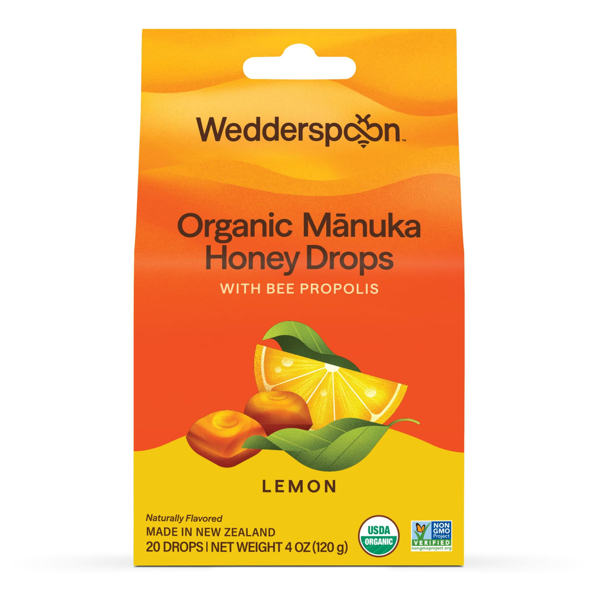 Gouttes Wedderspoon au miel Manuka citron propolis dans une boîte de 20, pratique et naturelle.