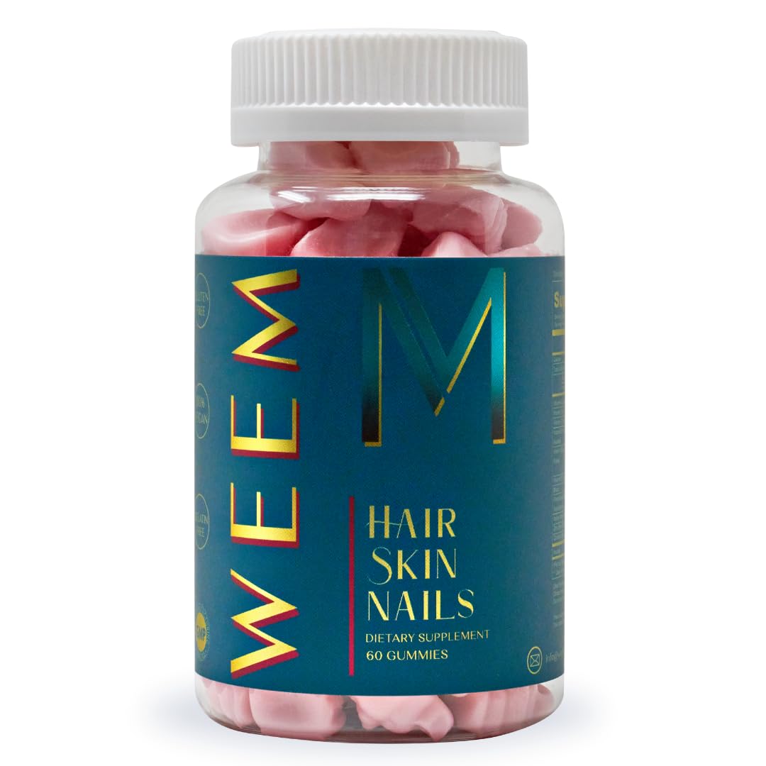 Gomme WEEM cheveux peau ongles, bouteille visible, soutien quotidien potentiel.
