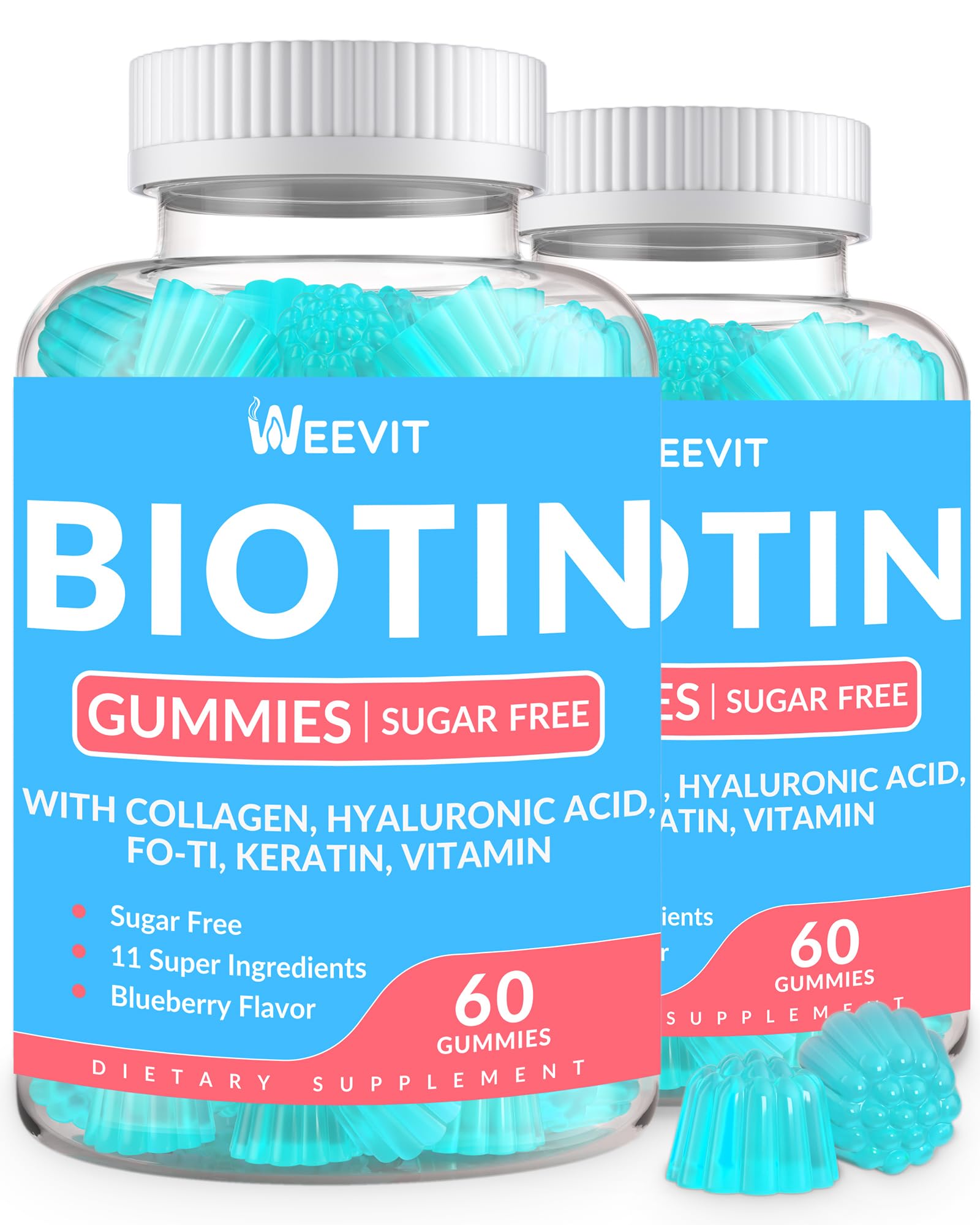Gommes Weevit Biotine sans sucre, bouteille prête pour stimuler cheveux et ongles.