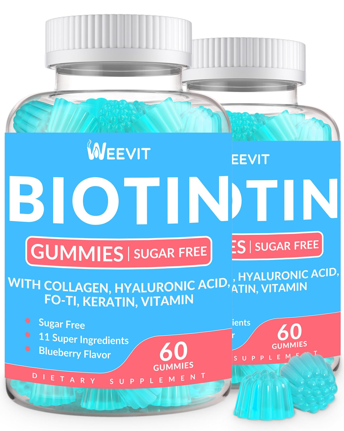 Gommes Weevit Biotine sans sucre, bouteille prête pour stimuler cheveux et ongles.