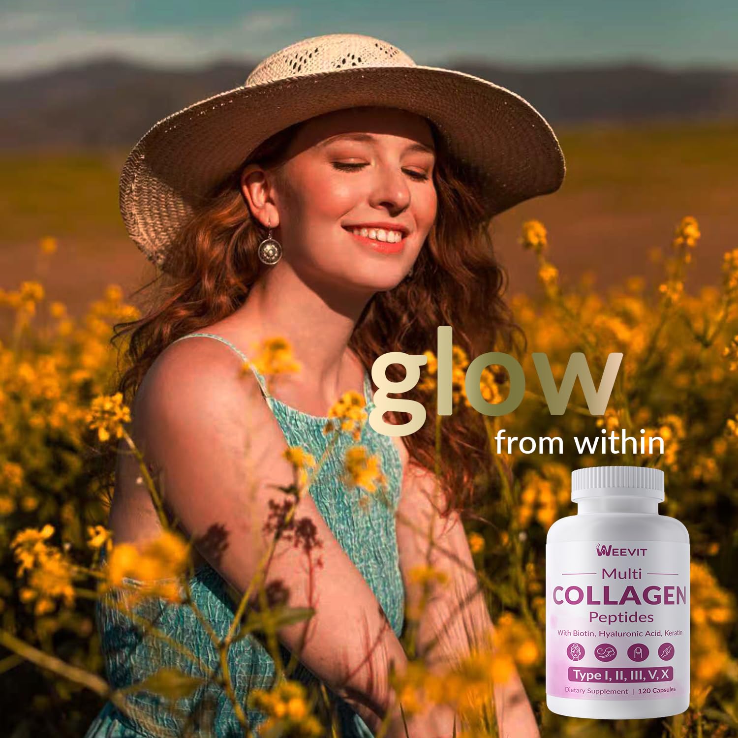 Weevit Collagen Peptides boîte et dosage pour programme quotidien.
