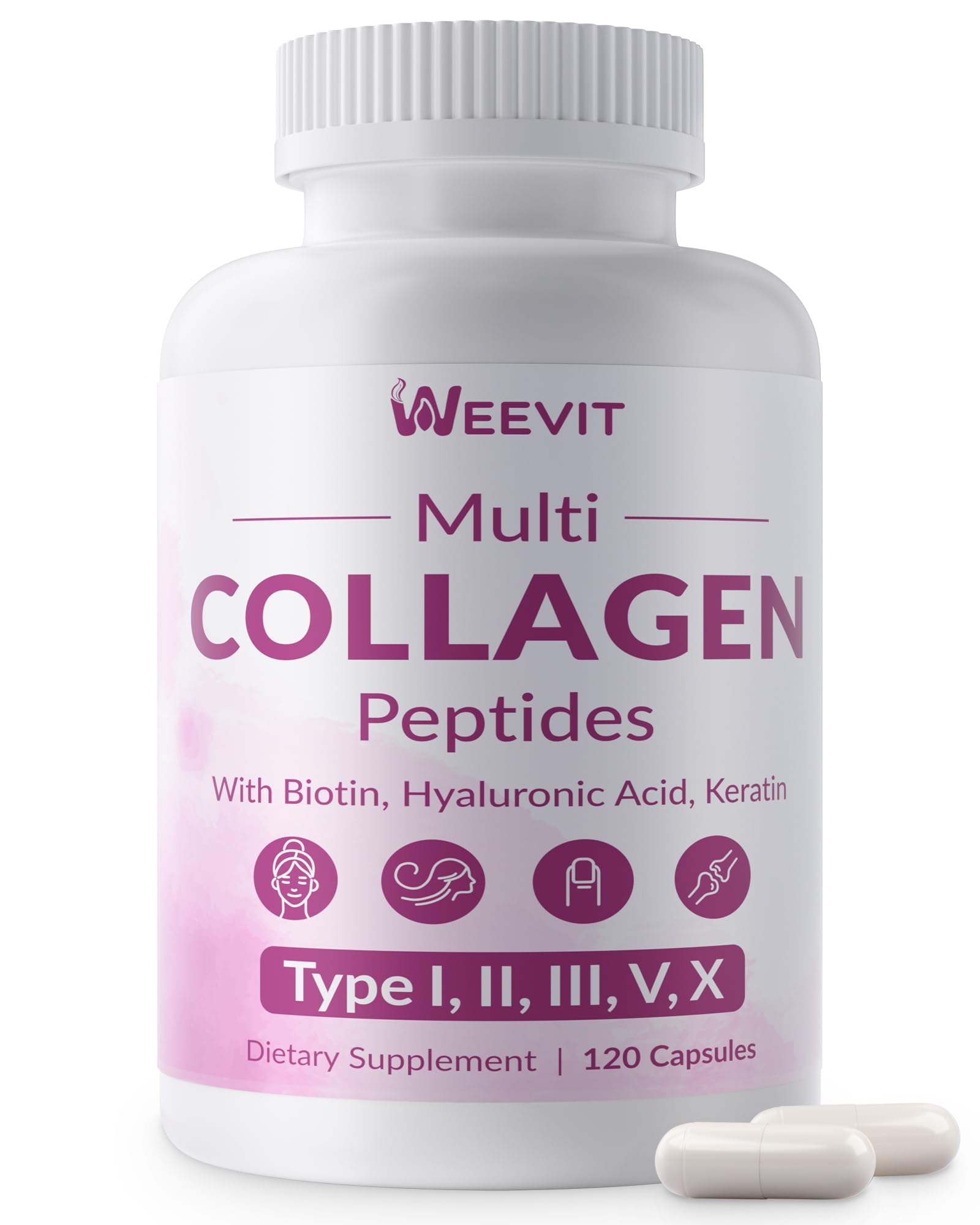 Weevit Collagen Peptides bouteille visible, peau éclatante et hydratée.