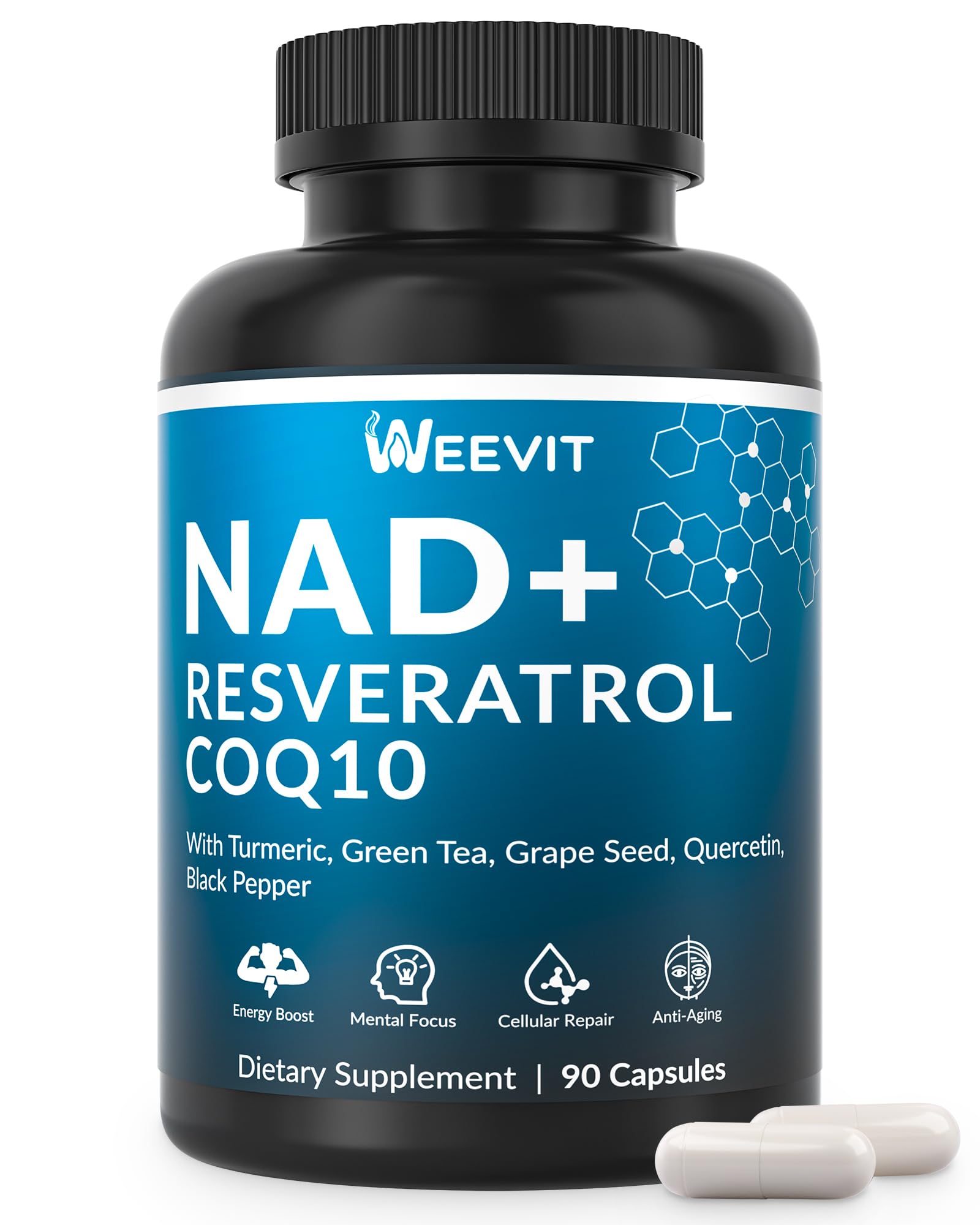 Weevit NAD+ Plus – bouteille et étiquette, énergie durable.