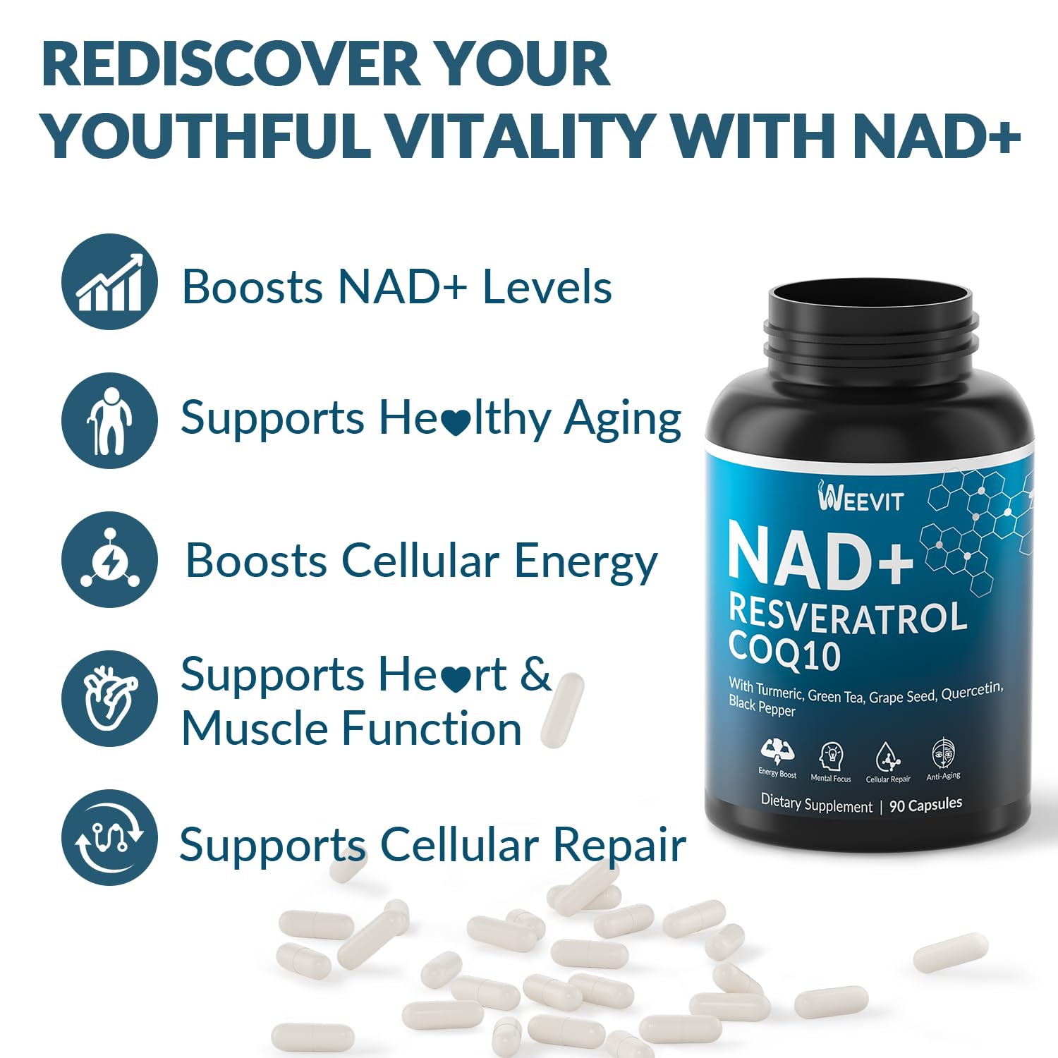 Weevit NAD+ Plus — ingrédients clés pour antioxydants.