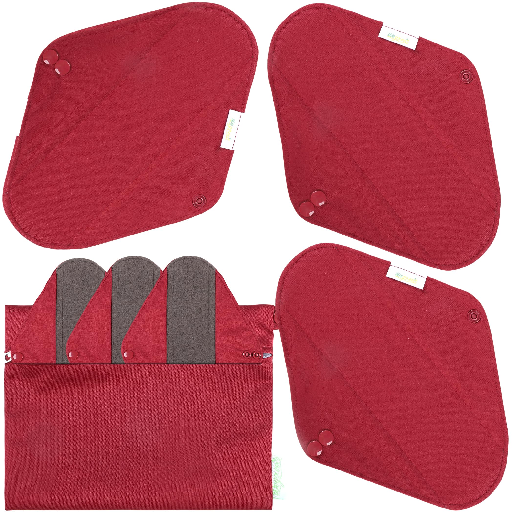 Wegreeco protections menstruelles bordeaux, ensemble réutilisable de 6 pads, confort durable