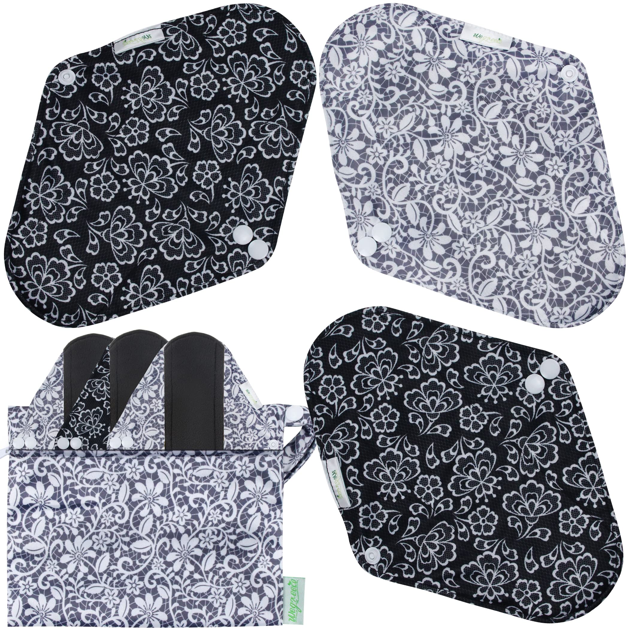 Wegreeco: serviettes réutilisables noir, impression extérieure, protection anti-fuite.