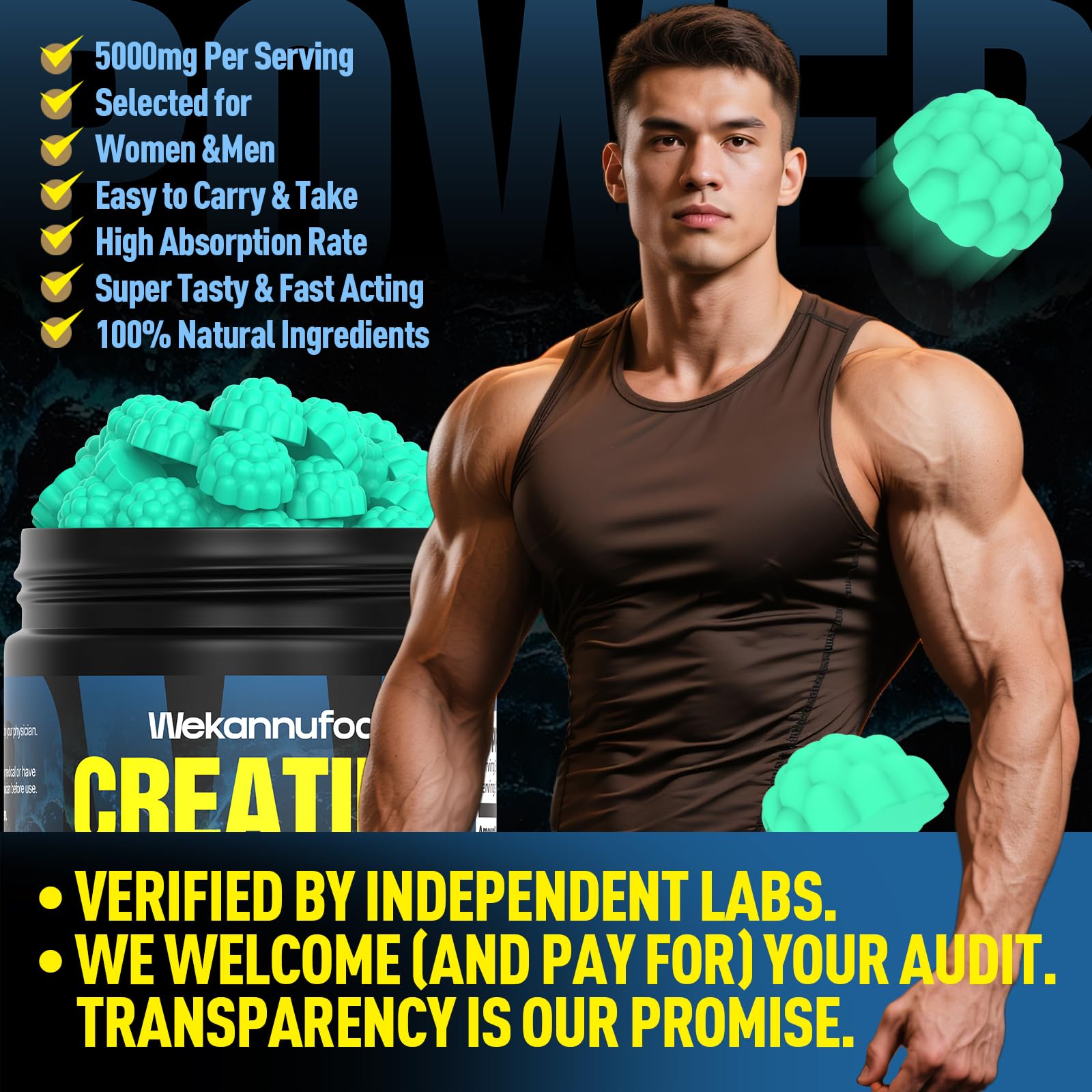 Gomme Wekannufod Creatine Monohydrate saveur fraise sans sucre pour un plaisir sain