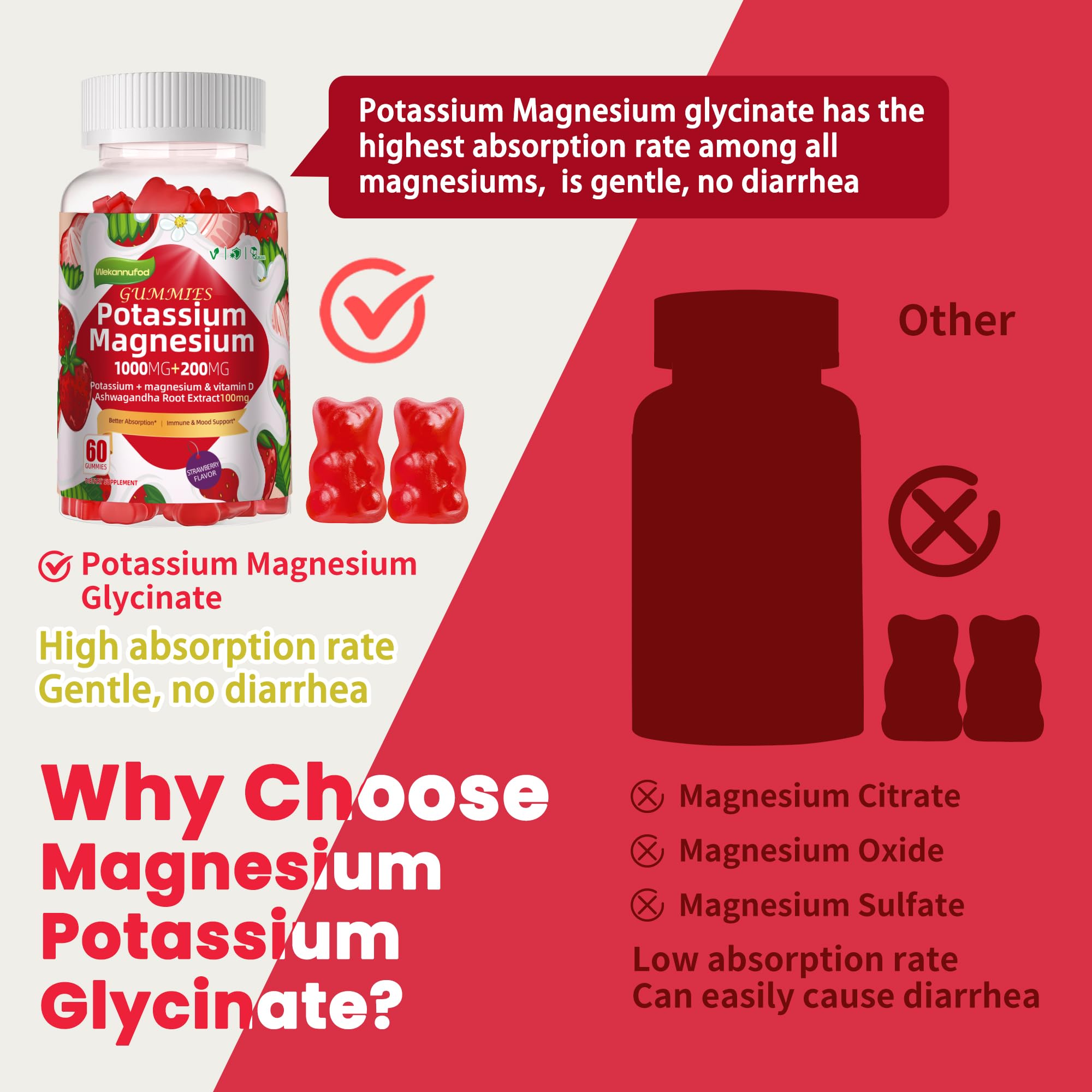 Sans sucre – gommes Wekannufod Potassium Magnésium au goût Fraise
