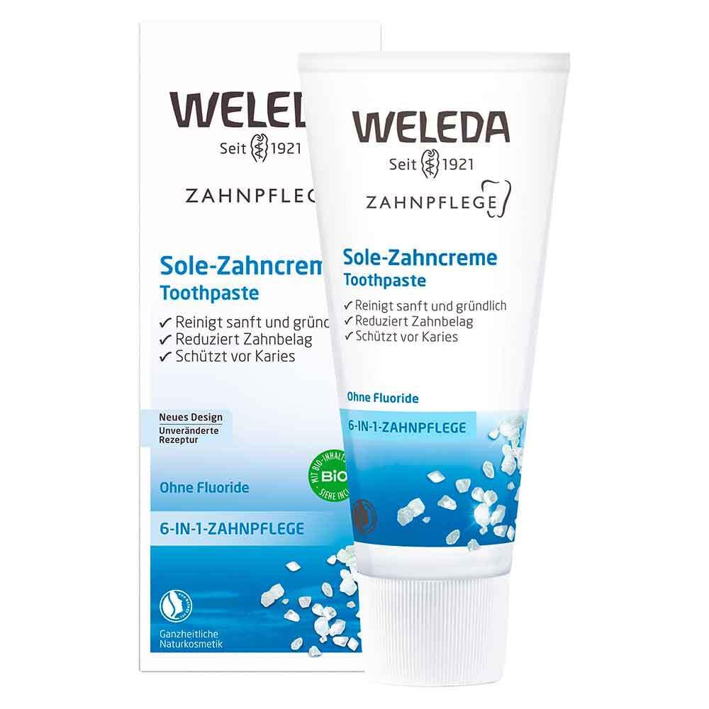 Dentifrice Weleda au sel marin, tube sur le lavabo, nettoyage naturel des dents.