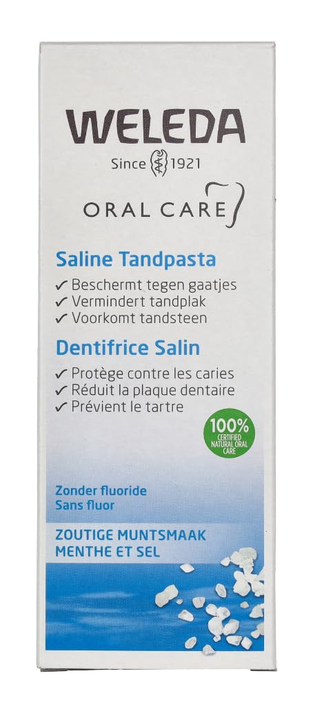 Weleda dentifrice au sel naturel, étiquette et ingrédients naturels.