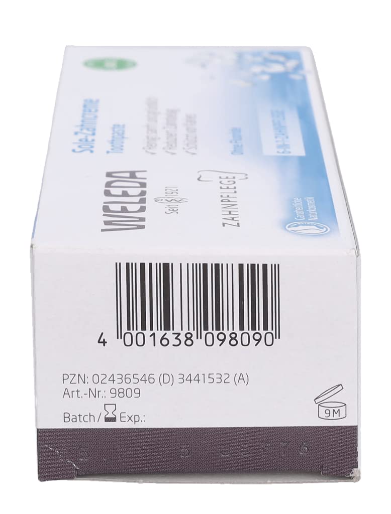 Weleda dentifrice au sel naturel, logo de la marque et choix naturel.